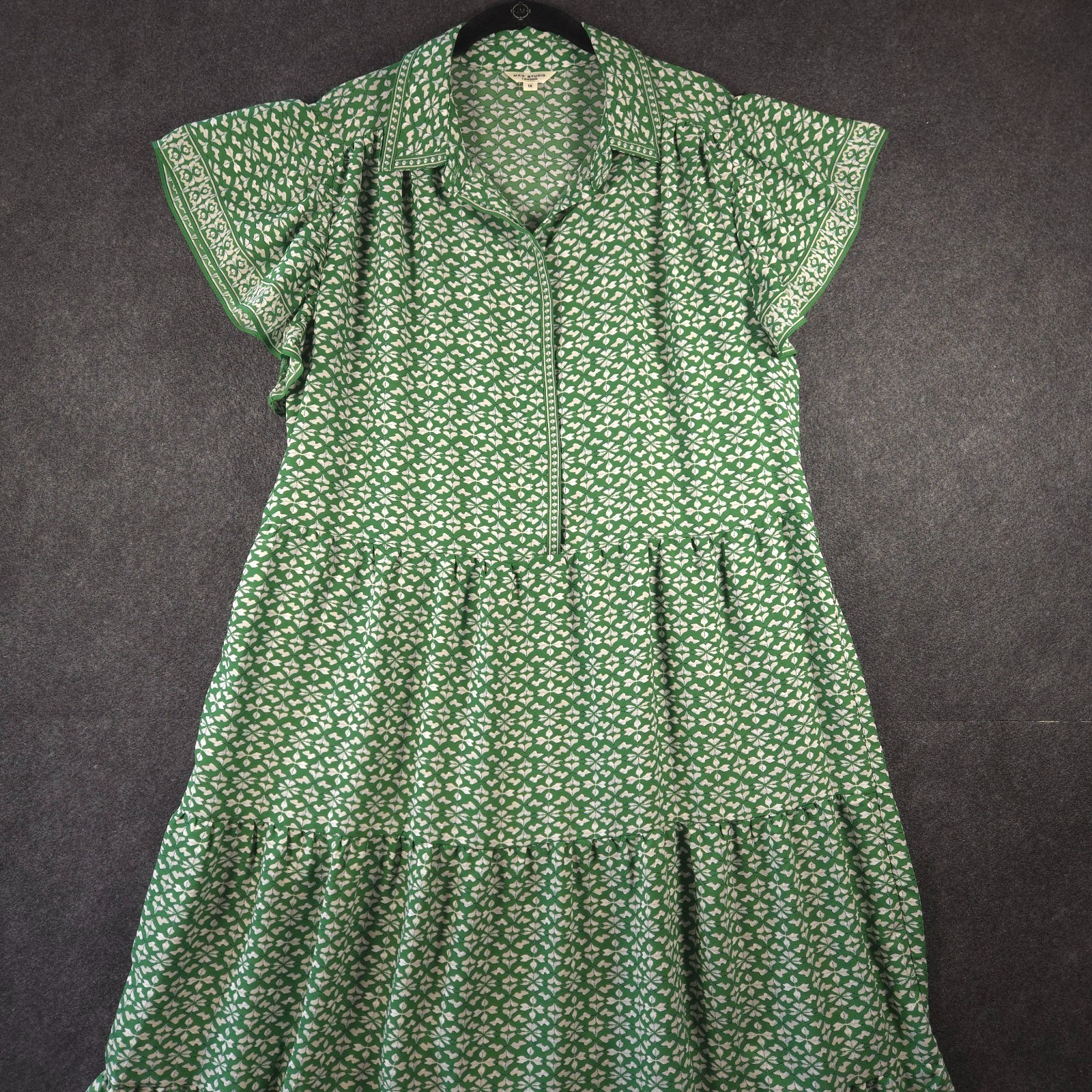 Max Studio Tiered Dress Femme 1X Green Flutter Sleeve Cottagecore Boho Casual