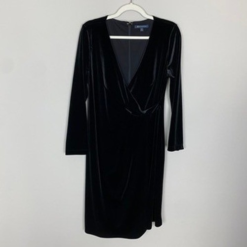 Brooks Brothers Black Velvet Faux Wrap Dress Long Sleeve Size 12 Holiday Classic