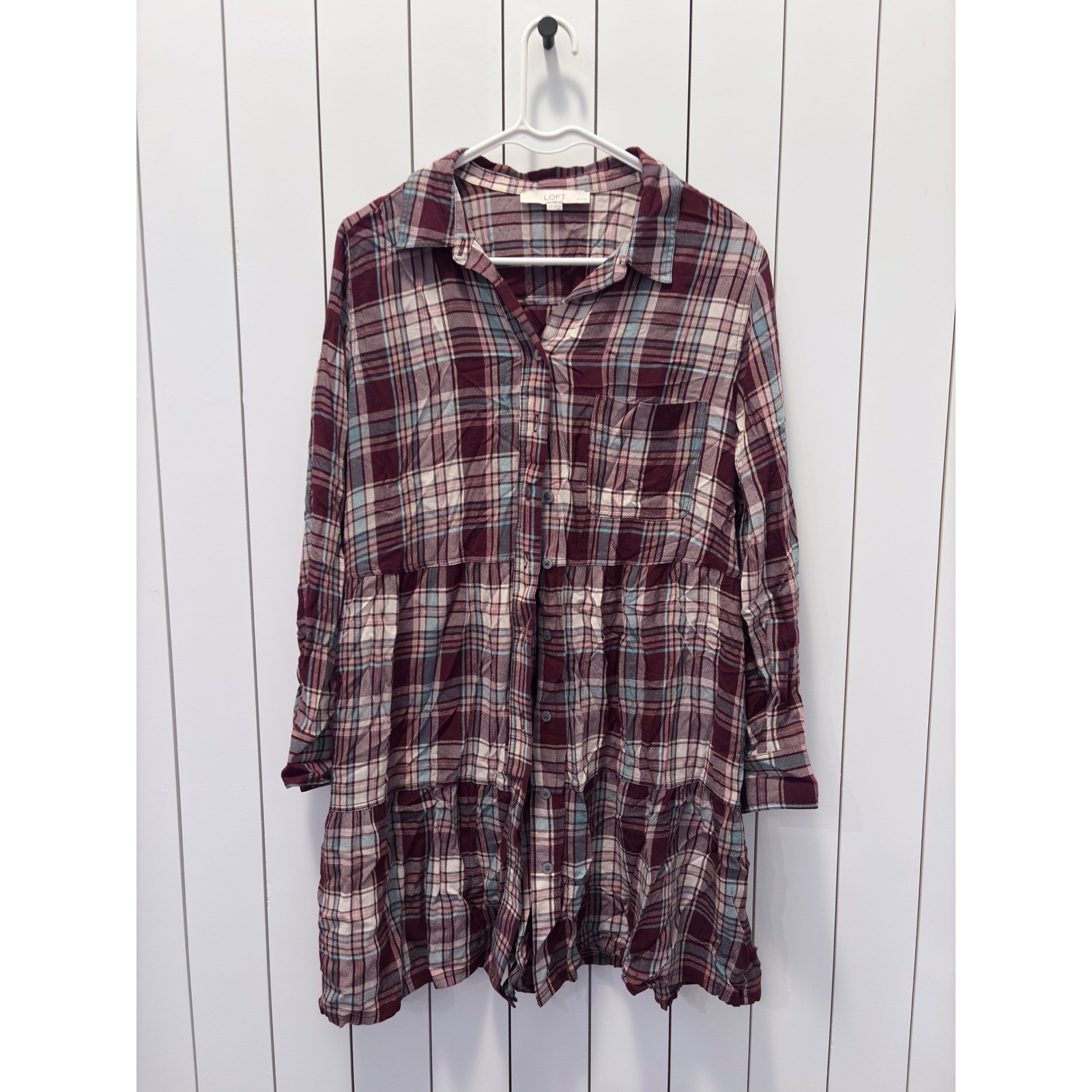 LOFT Shirt Dress Womens LP Burgundy Plaid Tiered Button Down Cottagecore