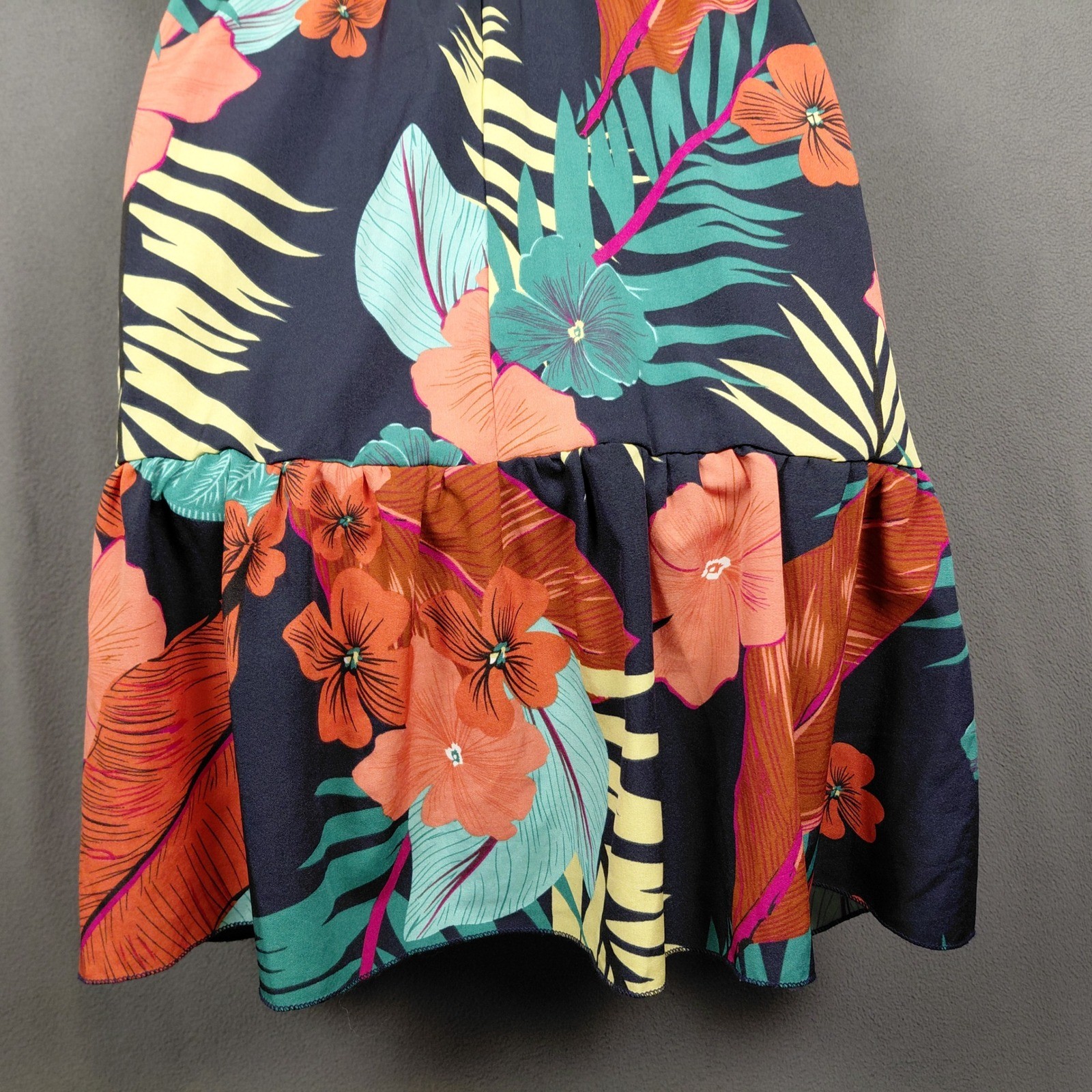 Tropical Floral V-Neck Ruffle Mini Dress Flutter Sleeve Tie Back High Waist ?Lg?