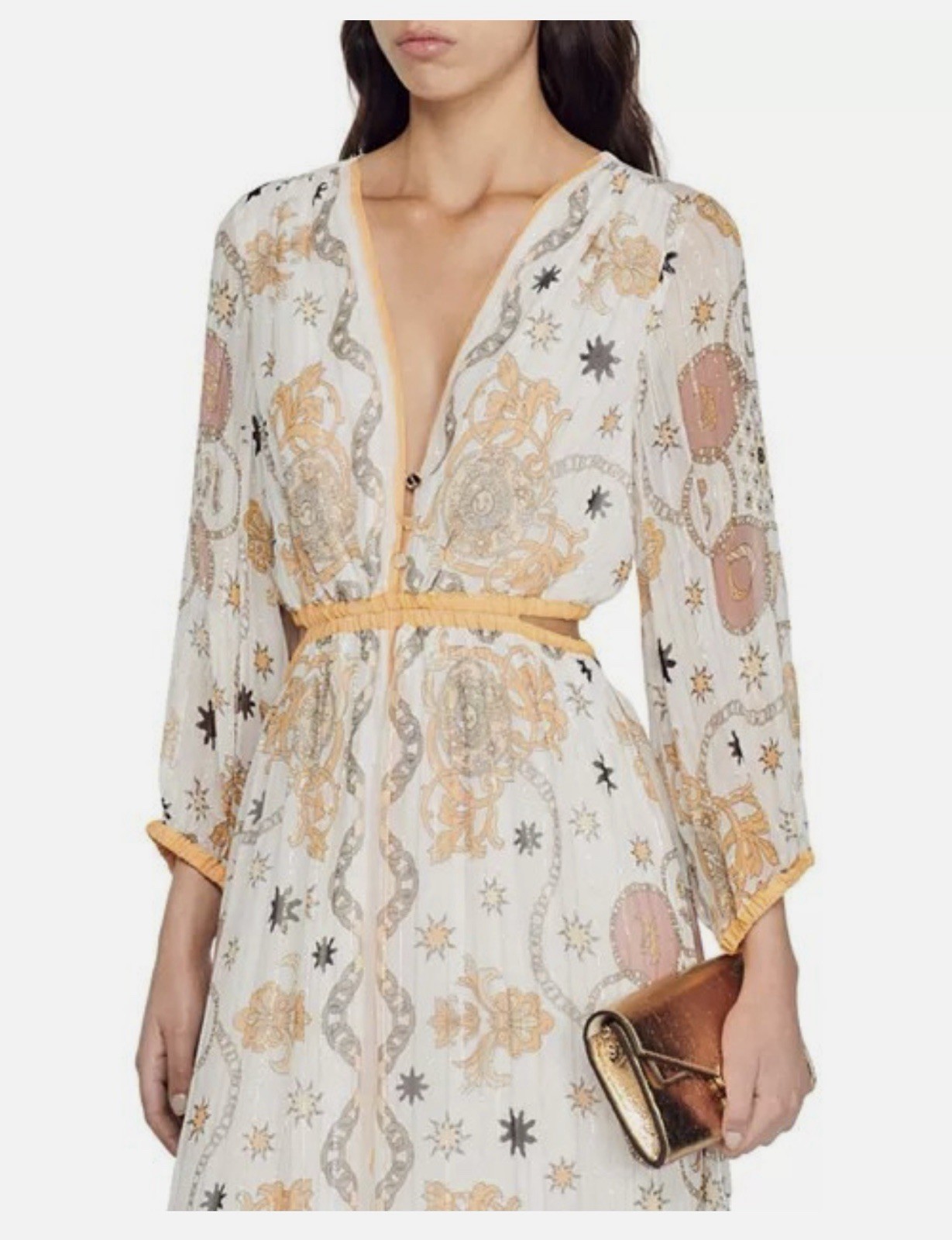 Sandro Valldemossa Metallic Scarf Print Maxi Dress 38