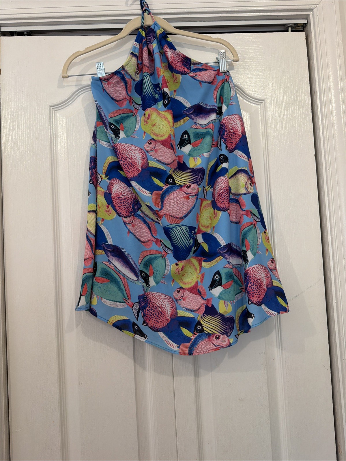 Show Me Your Mumu Sz Small Tropical Fish Halter Dress in Bright Blue Multi Mini