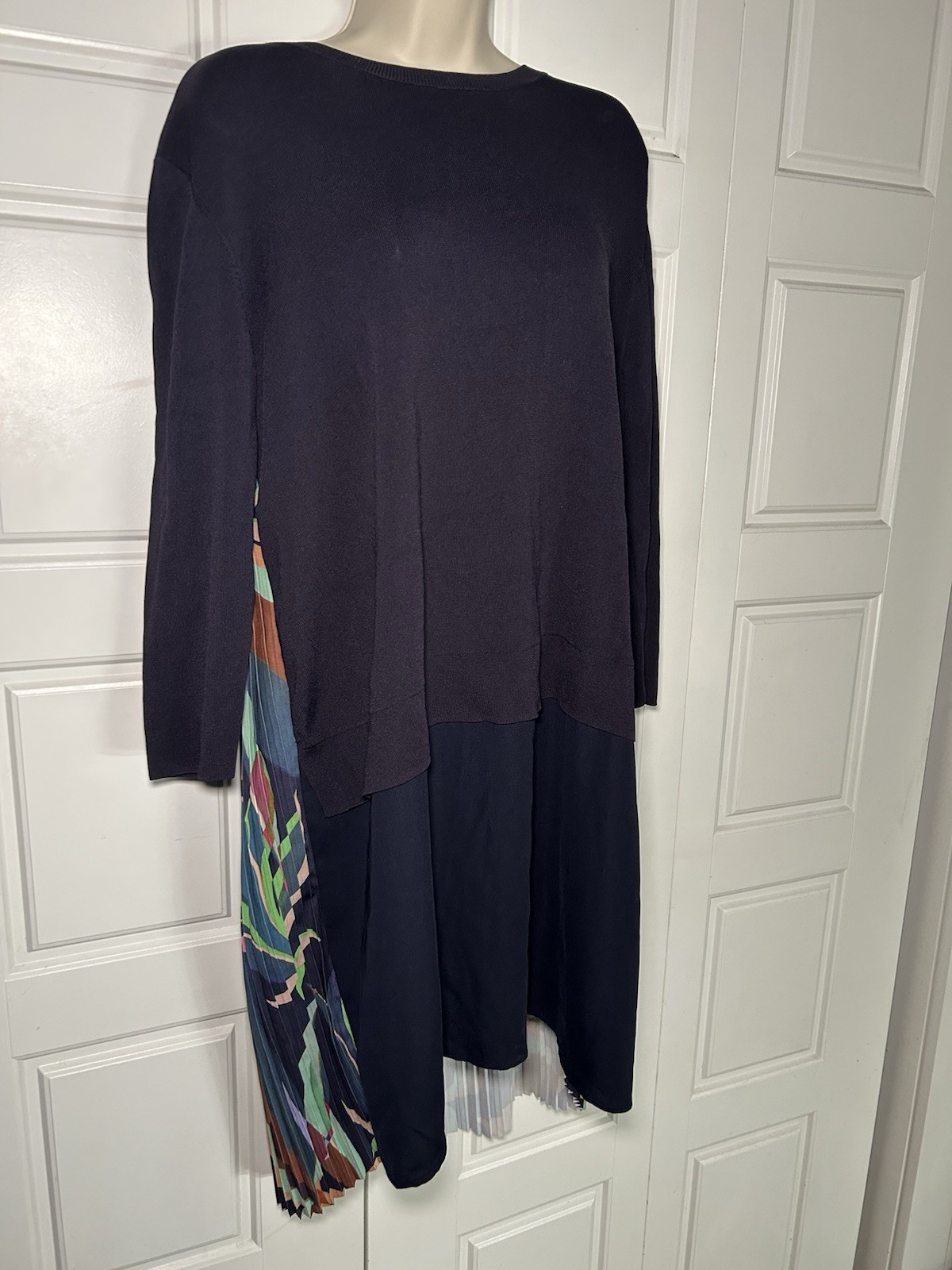 Pleated Midi Dress Ted Baker Navy Tropical Leaf Print Mixed Media Knit Sz 5/12