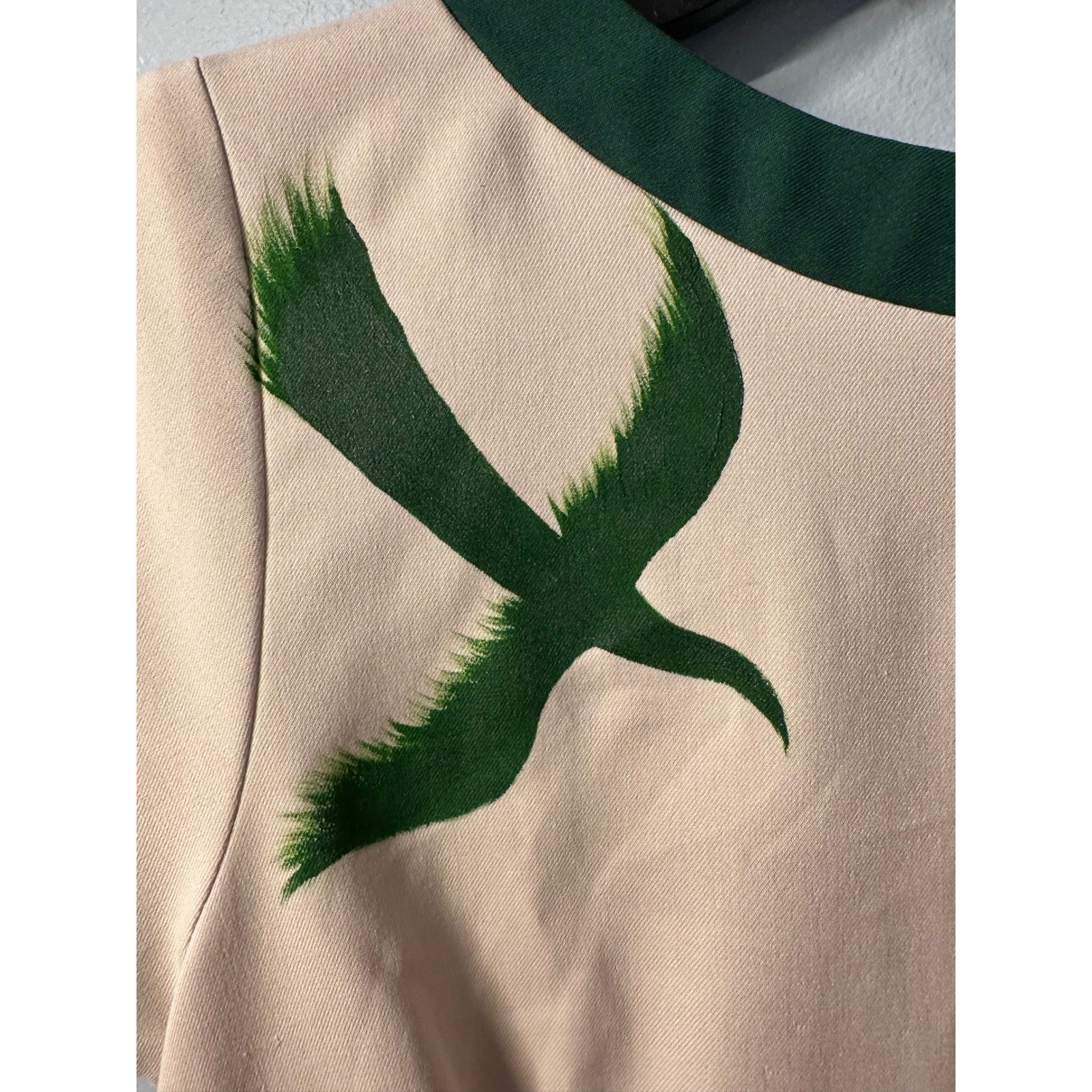 Vintage Style Beige Green Bird Fit Flare Belted Midi Dress Womens Small