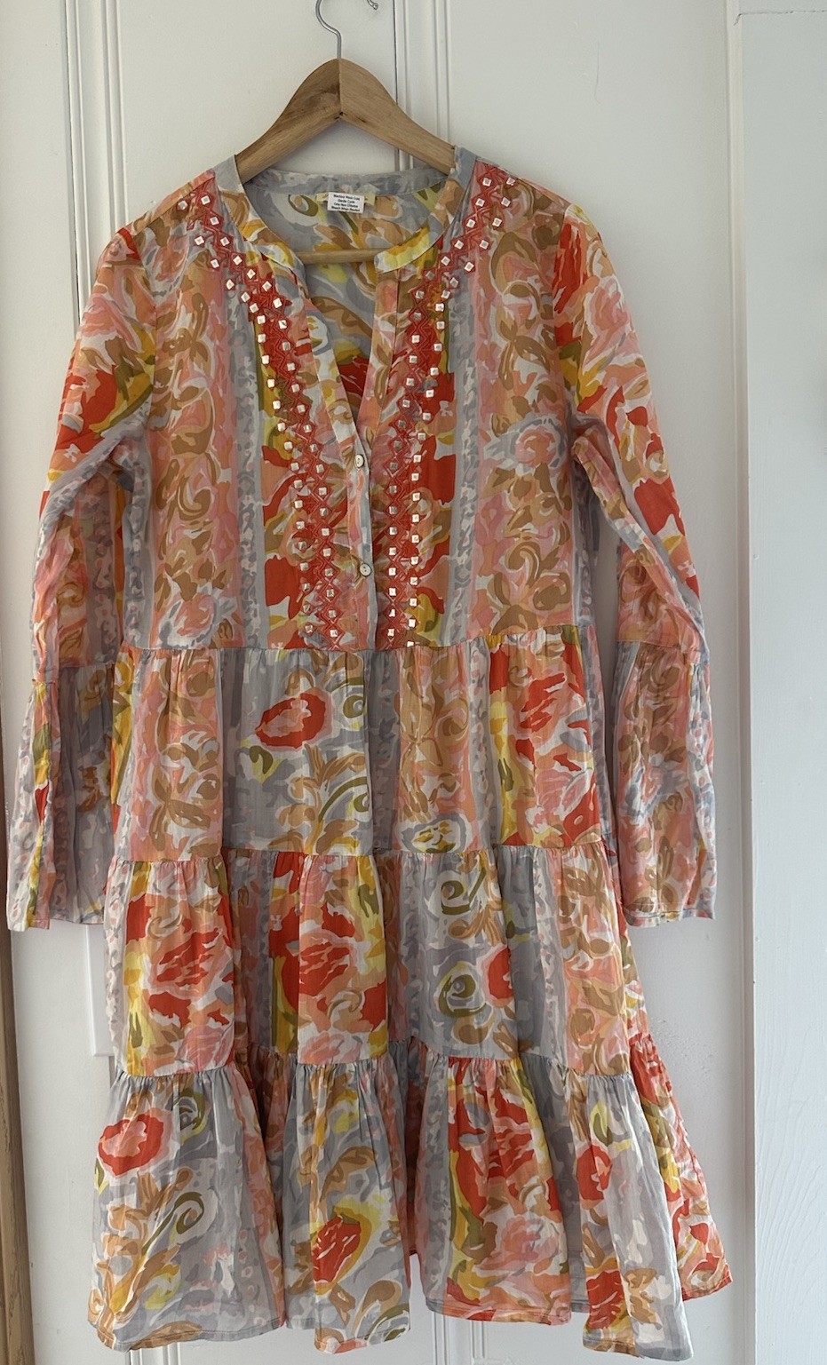 Sweet Magnolia Boho Tiered Mini Dress Mirror Embellished Floral Cotton M