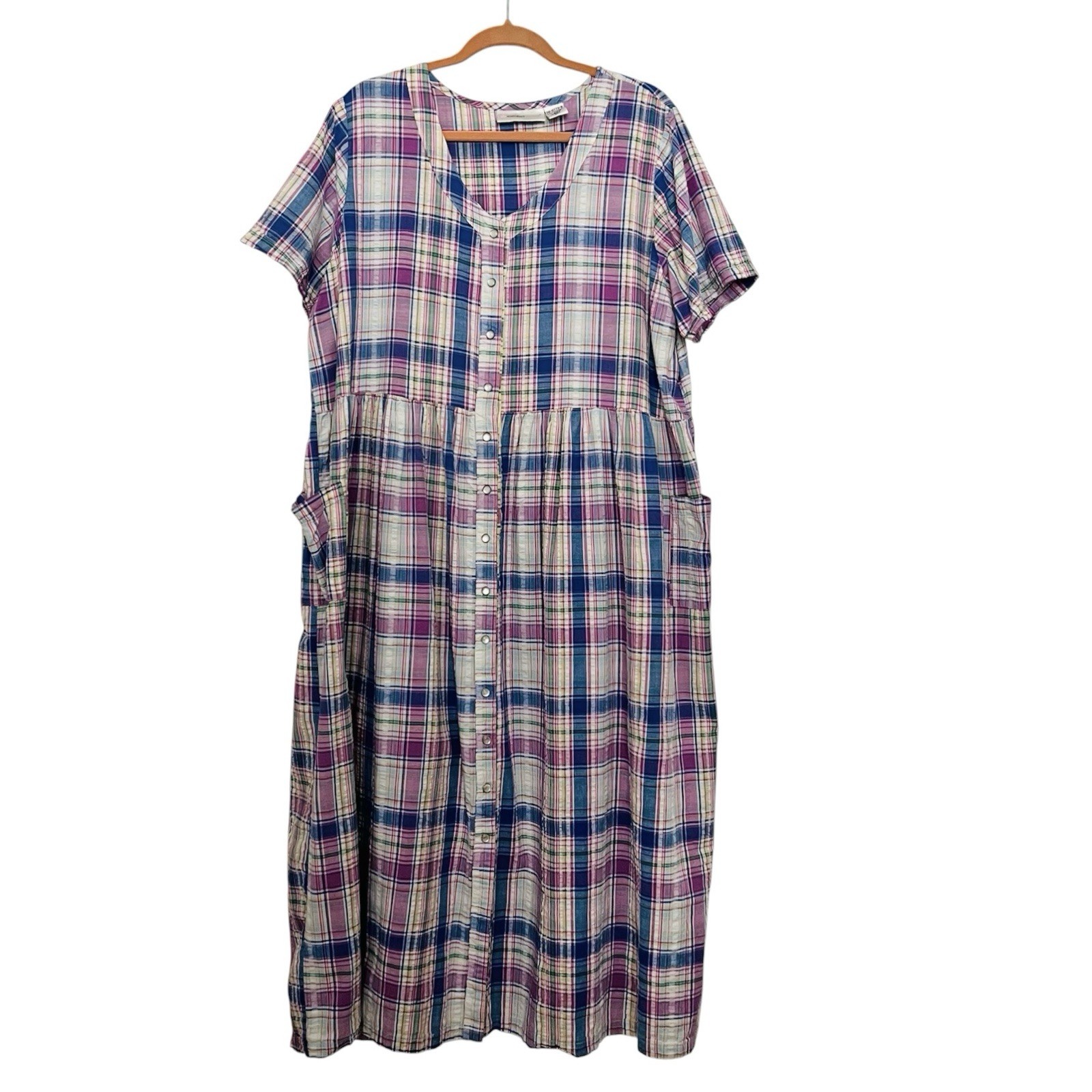 Seersucker House Dress Patio Muumuu Cotton Plaid Pearl Snap Comfort Choice Sz 1X