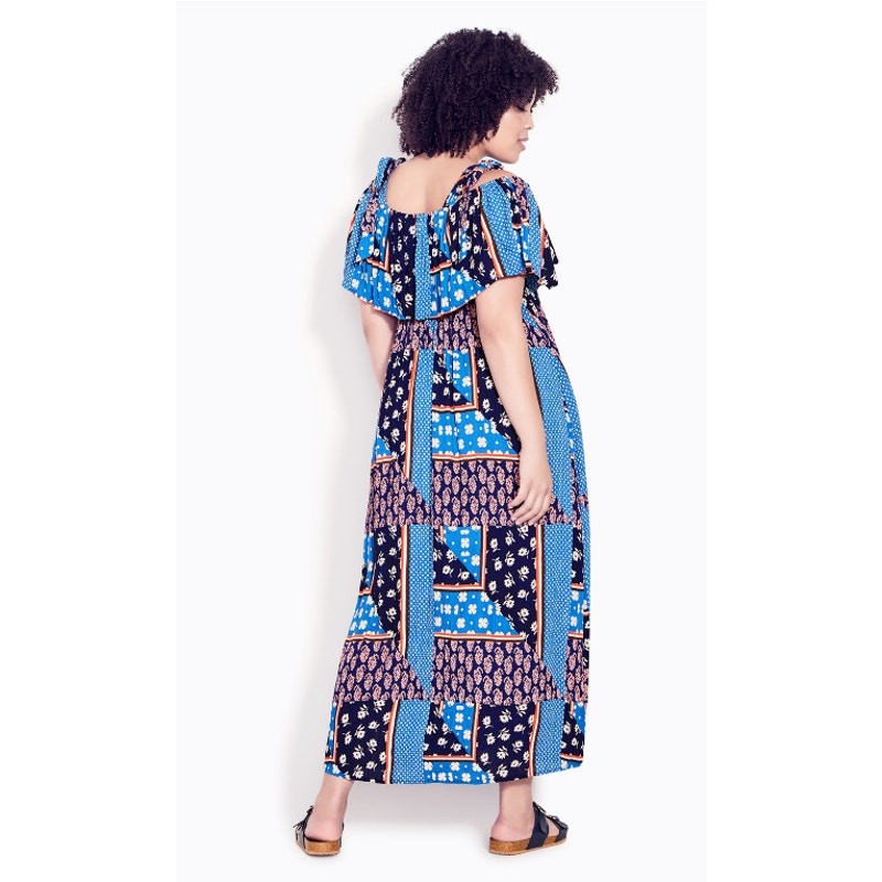 Evans Patchwork Maxi Dress 14 Sundress Floral Ruffle Patriotic Cottagecore XL