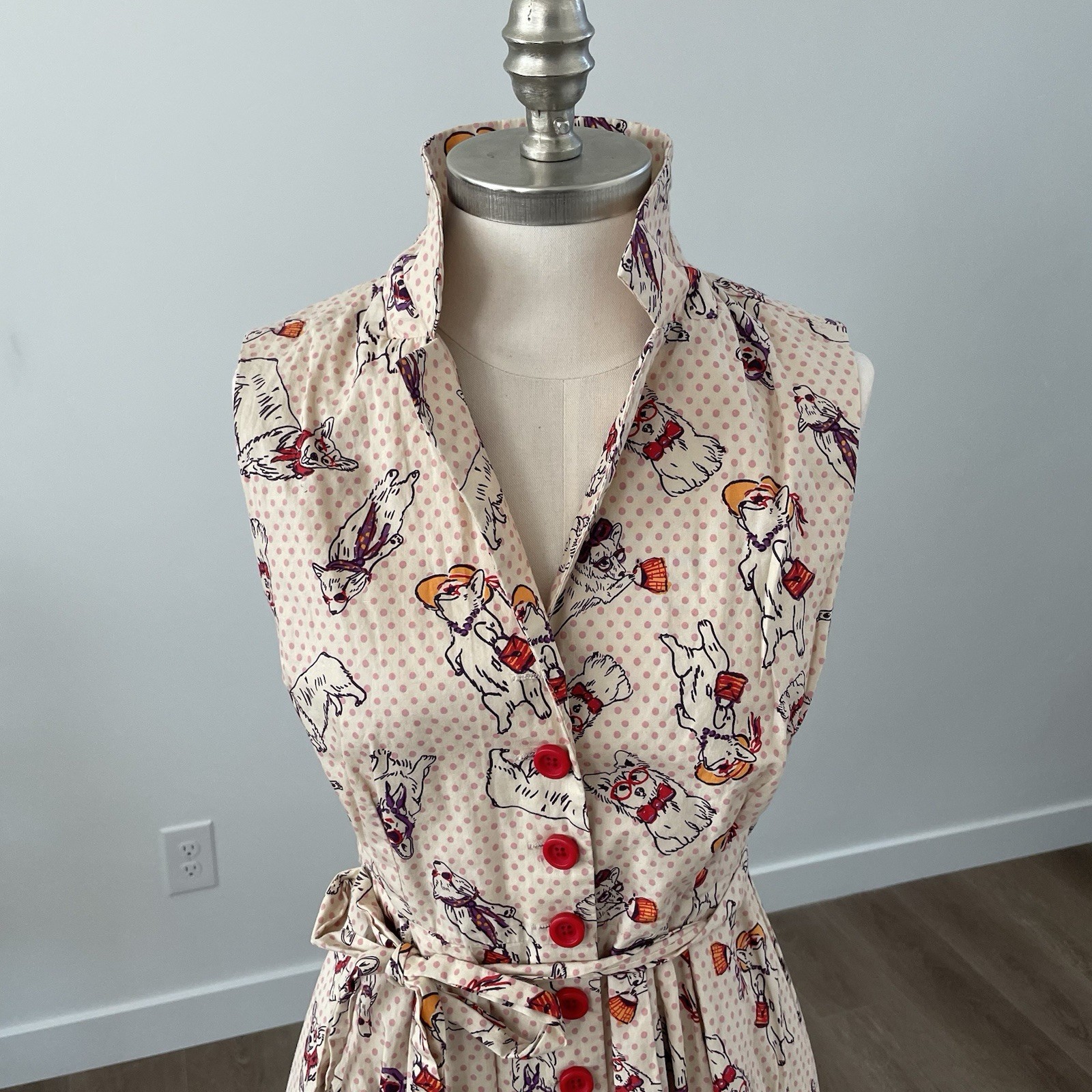 MODCLOTH Cream Polka Dot Community Brunch Bespeckled Corgi Dress MED With Belt