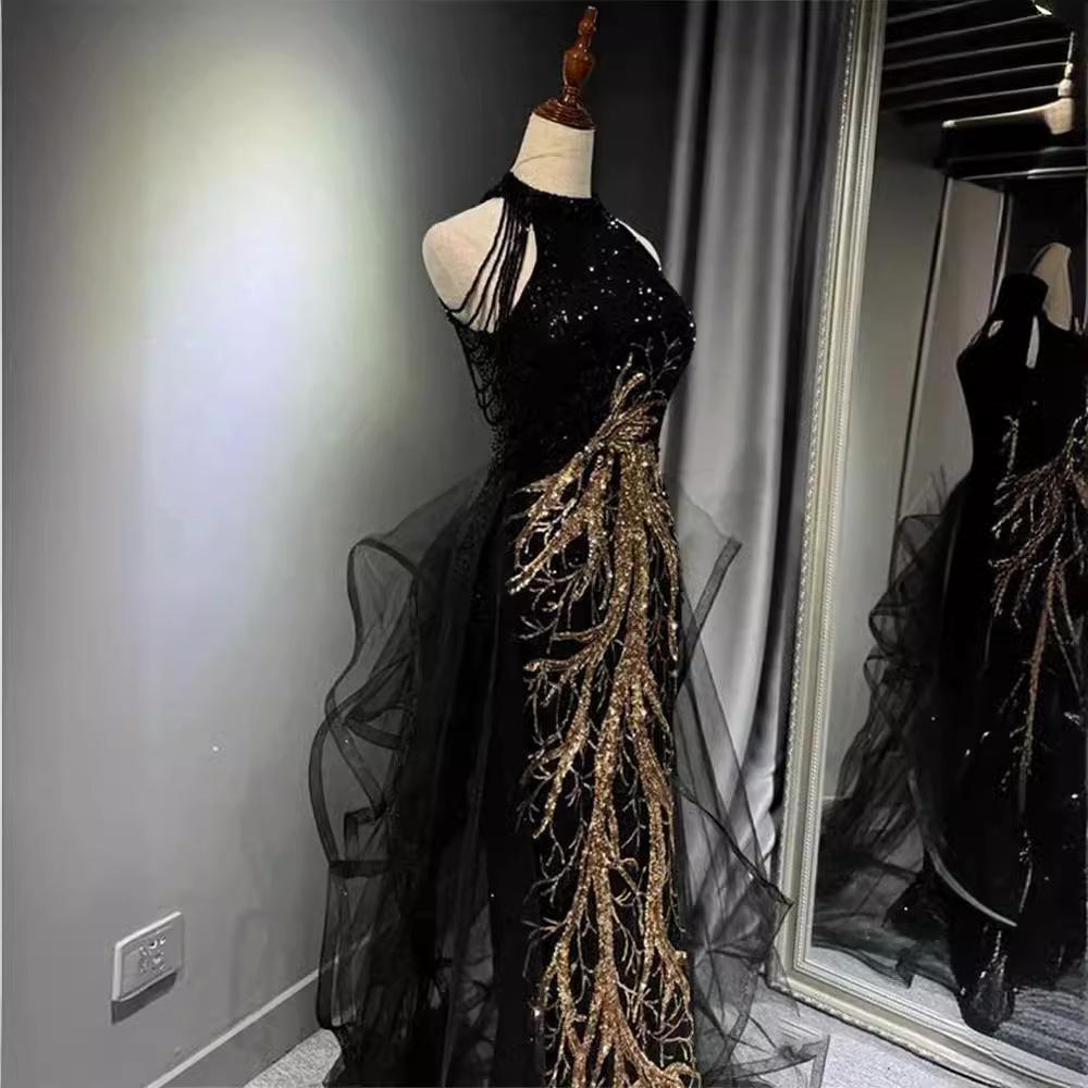 Womens Summer Sleevess Hanging Neck Fishtail Dress Evening Dress Black Cocktail