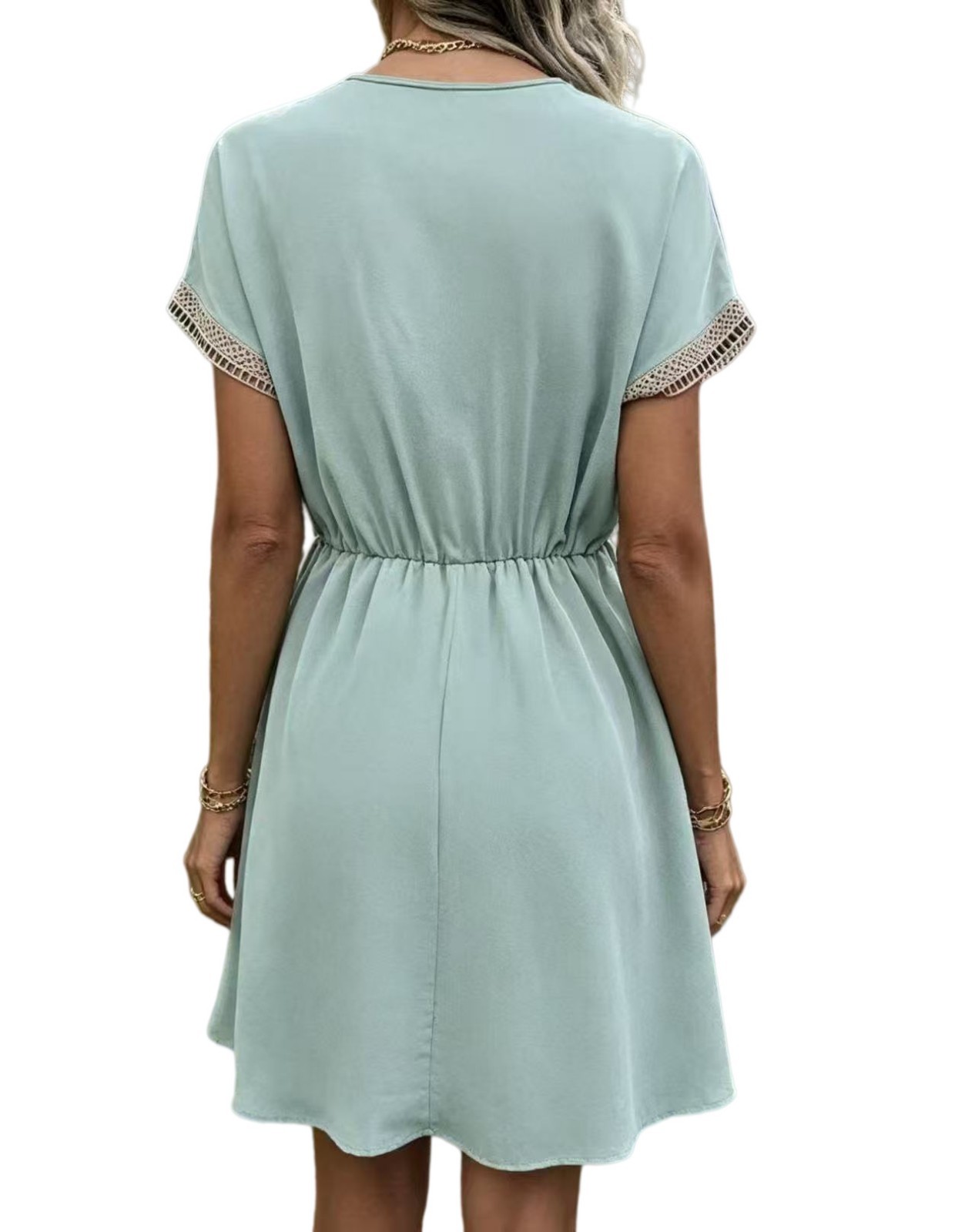 V Neck Lace Summer DRESS SOLID Short Sleeve SWEET A Line Party Sundress S-3XL