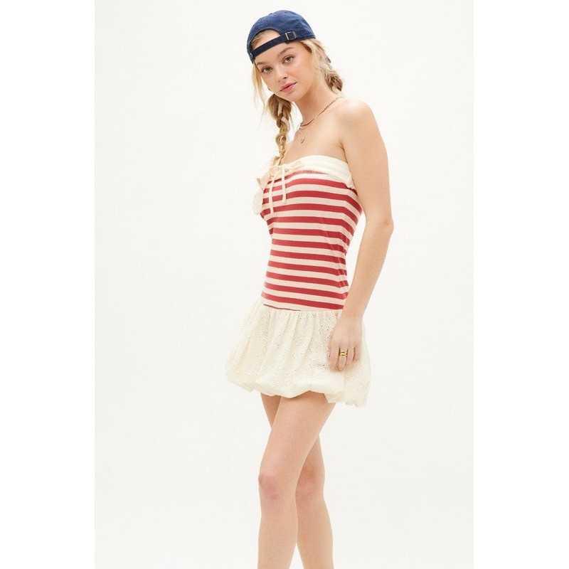 D235. Striped Strapless Bubble Hem Mini Dress