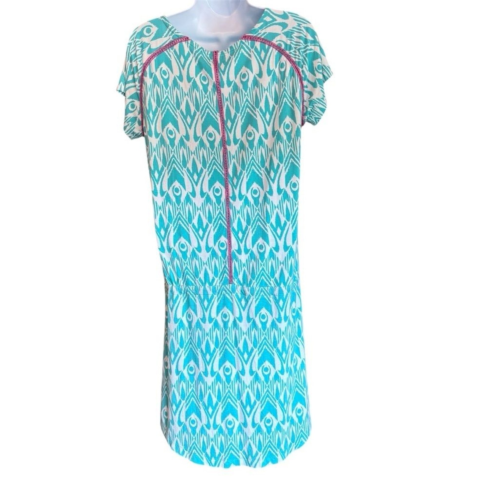 Hatley Teal White Patterned Drop Waist Dress Pink Accent Small