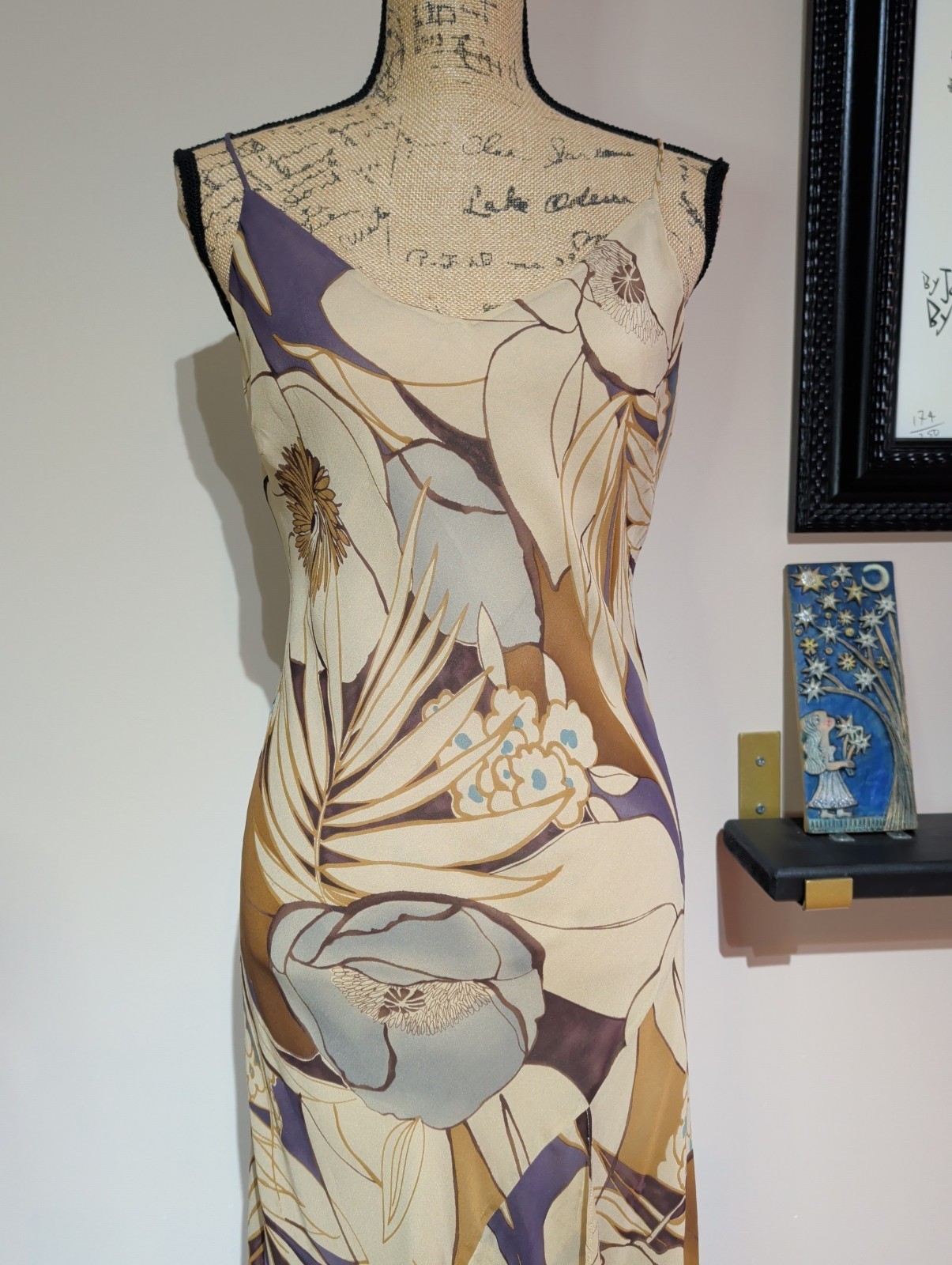 90s Y2K Monsoon 100% Silk Bias Cut Floral Long Slip Dress UK 14/16 (US 12)
