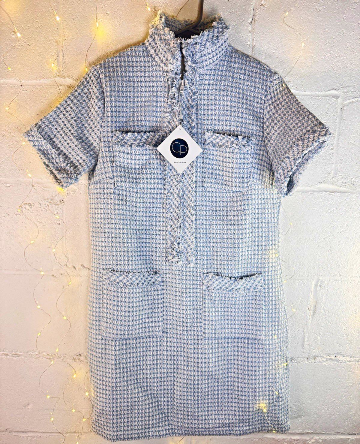 Women’s Blue/White Tweed Check Fringe Mock Neck Zip Shift Mini Dress XS