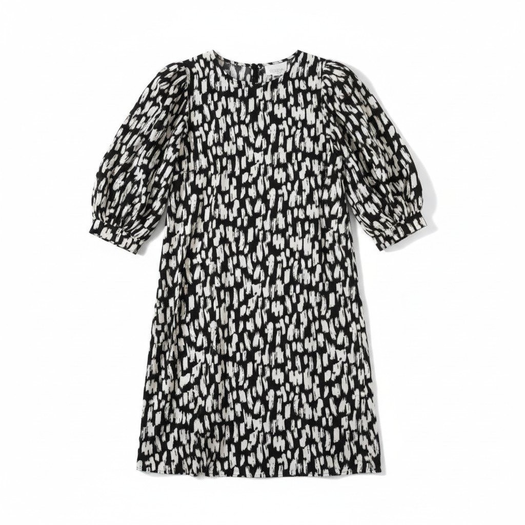 Sisters Point Black White Abstract Brushstroke Puff Sleeve Mini Shift Dress S