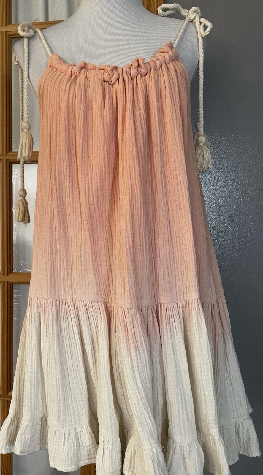 Essential Flare Tiered Ombré Mini Dress M Orange Cream Gradient Rope Strap Beach