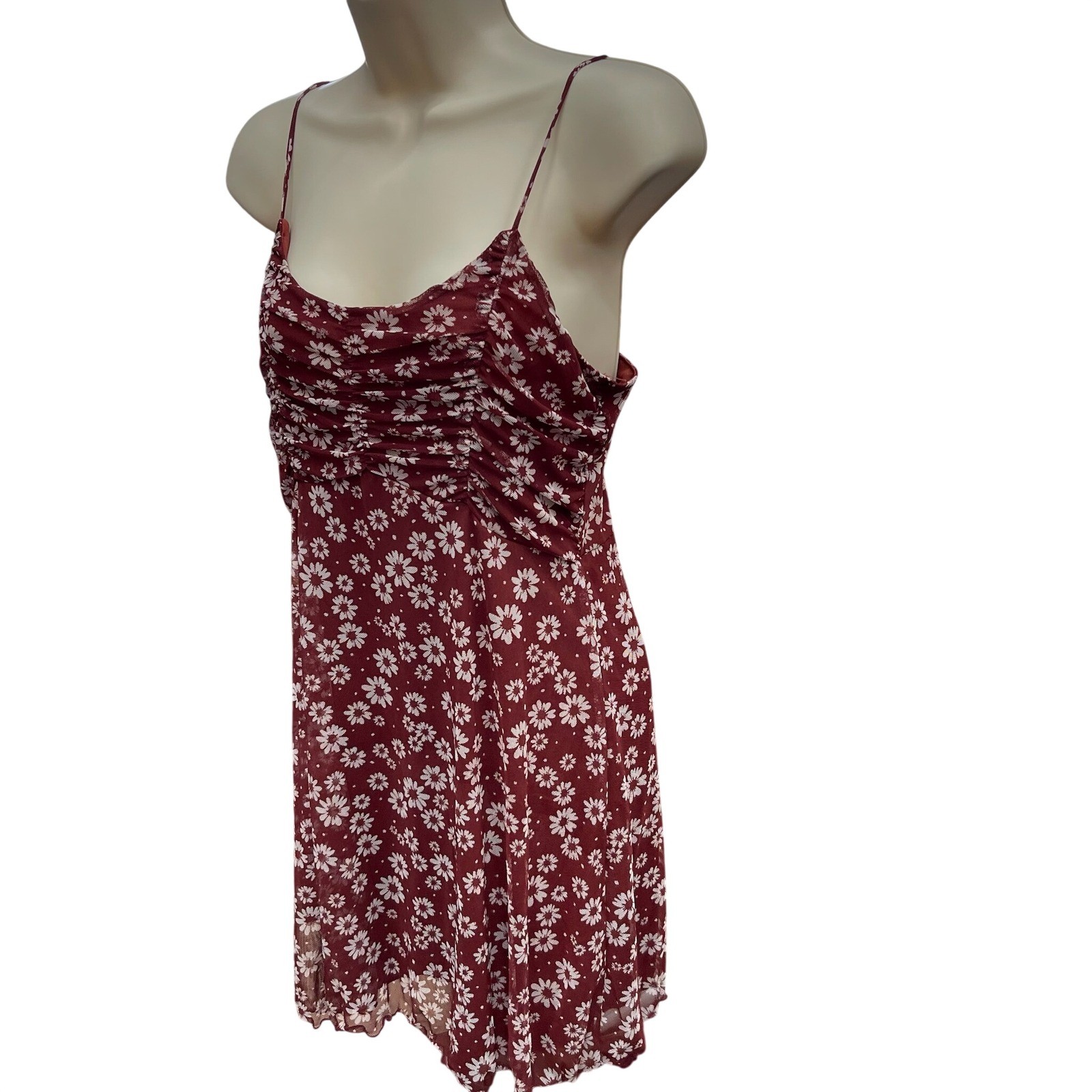 Originality Burgundy Daisy Floral Ruched Mini Dress Womens Medium Made in USA