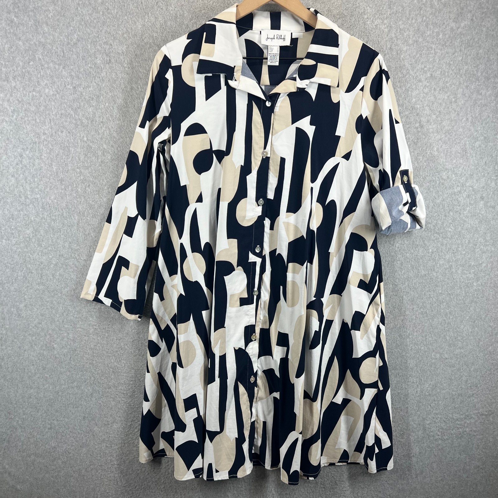 Joseph Ribkoff Abstract Poplin Trapeze Dress Size 10 (UK 12) White Blue Beige