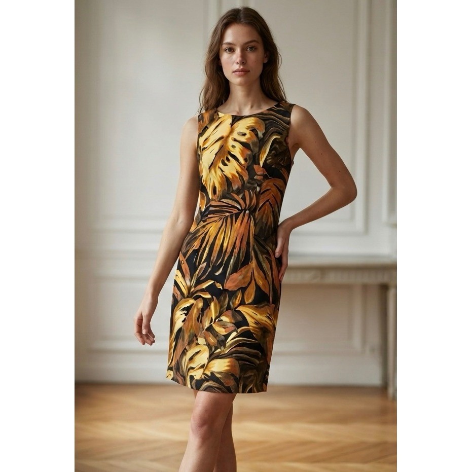 Connected Apparel 6 Sheath Dress Womens Black Gold Tropical Leaf TC893513M