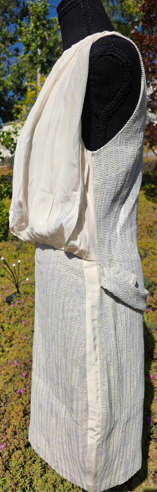 Behnaz Sarafpour Cream Silver Metallic Pleated Blouson Bodice US 4