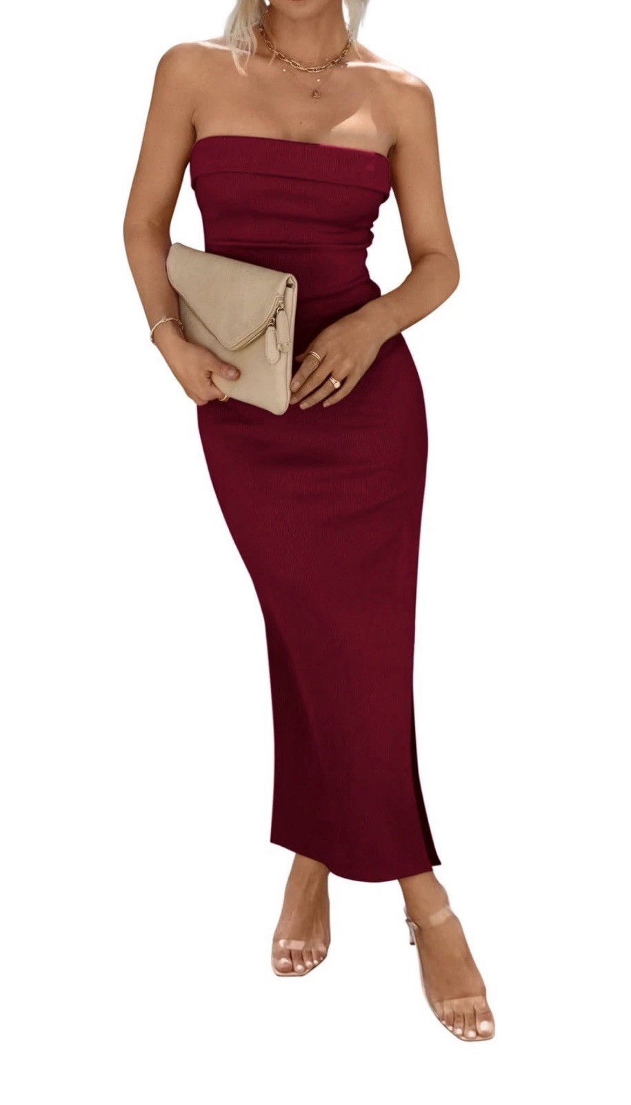 Pretty Garden Women’s Red Bodycon Maxi Tube Dress, Ribbed, Strapless, Size M