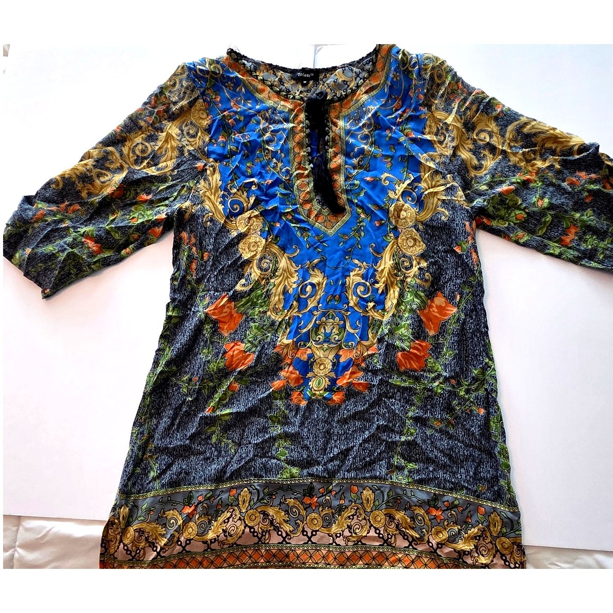 Tolani 100% Silk Boho Paisley Tunic Dress Blue Yellow Orange Size M