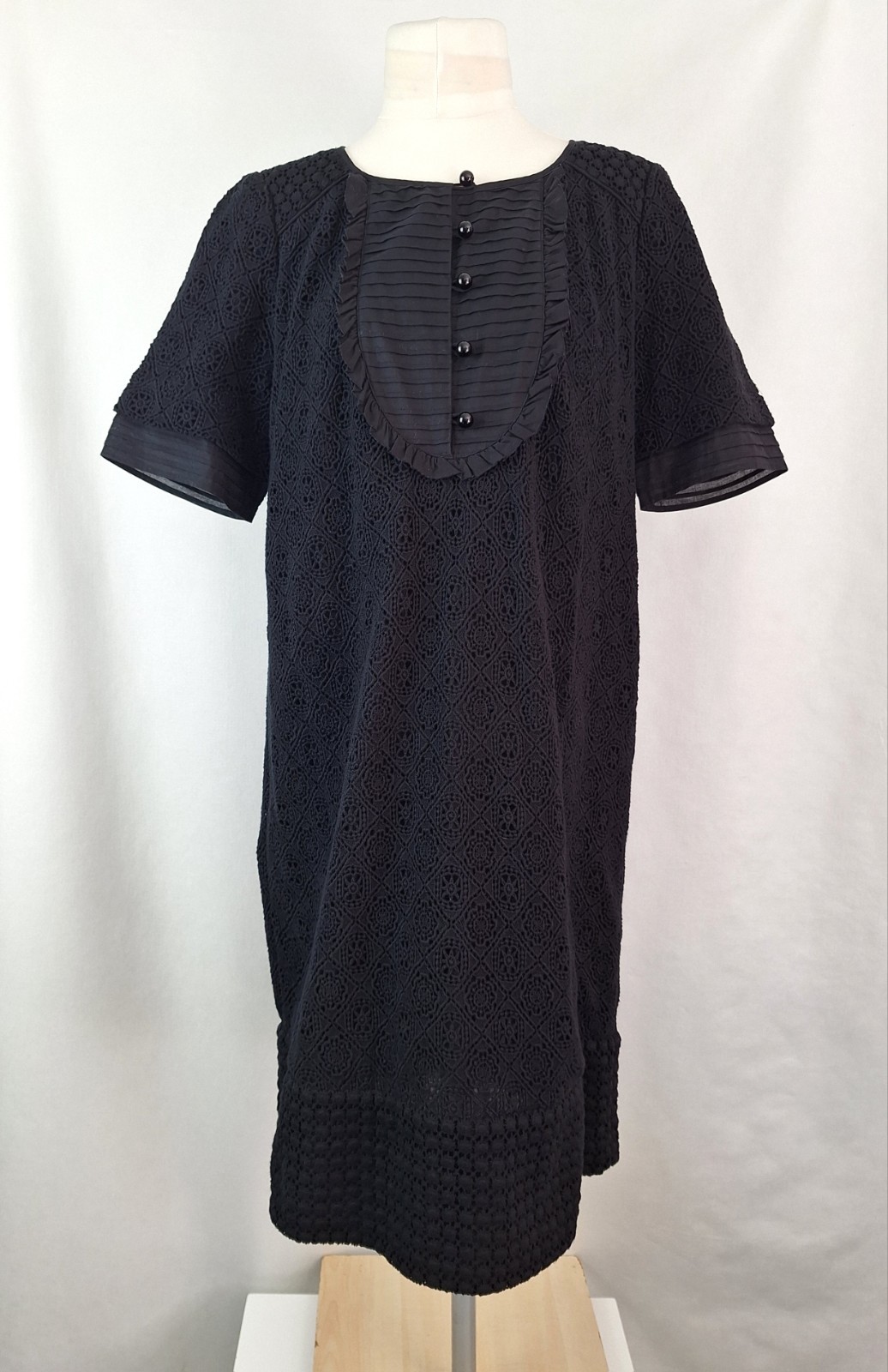Jigsaw Cotton Dress Crochet Lace Shift Pleated Bib Ruffle Black Large UK 12-14