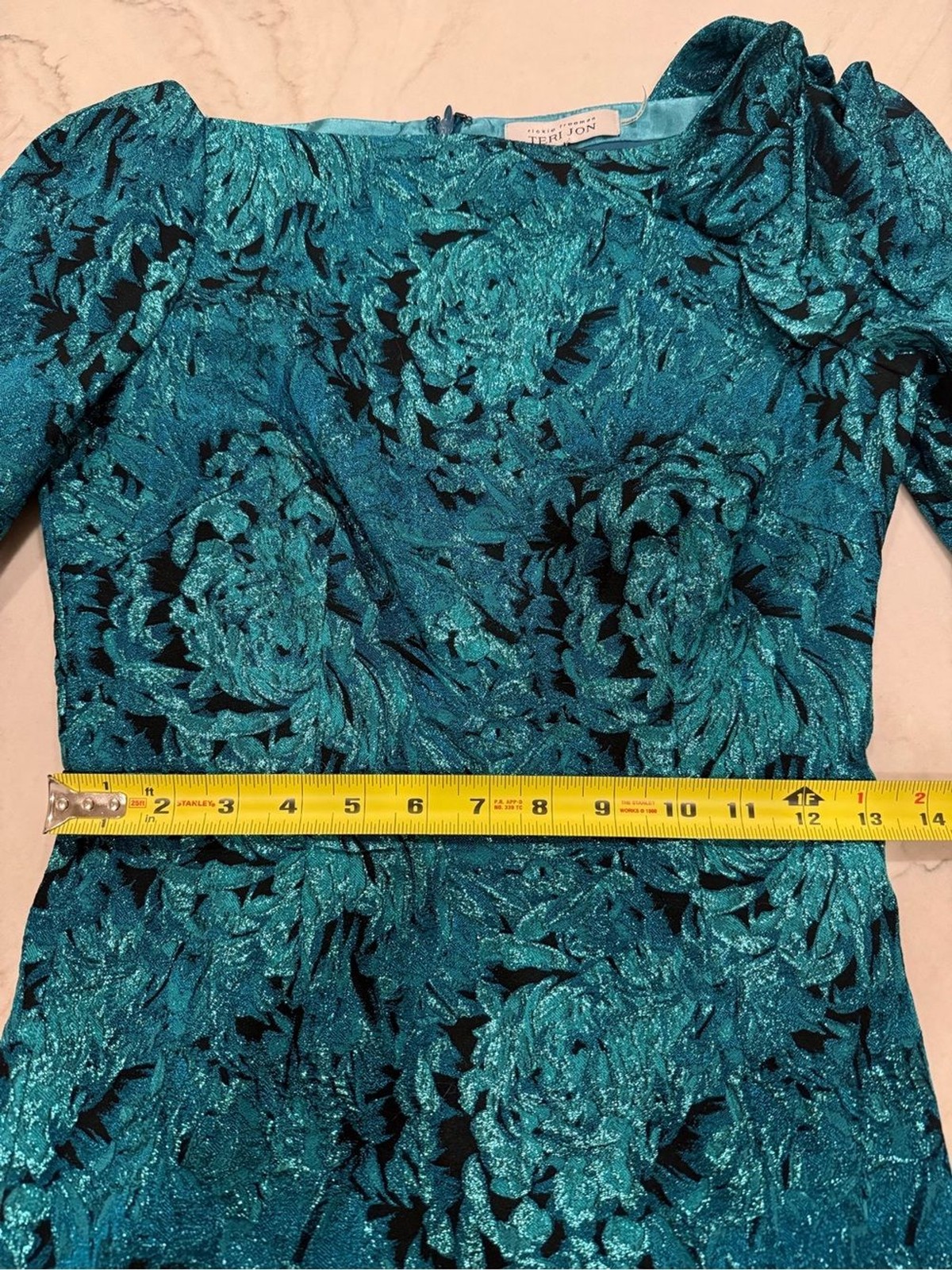 Teri Jon Rickie Freeman Teal Metallic Floral Jacquard Bow Shoulder Sheath Dress