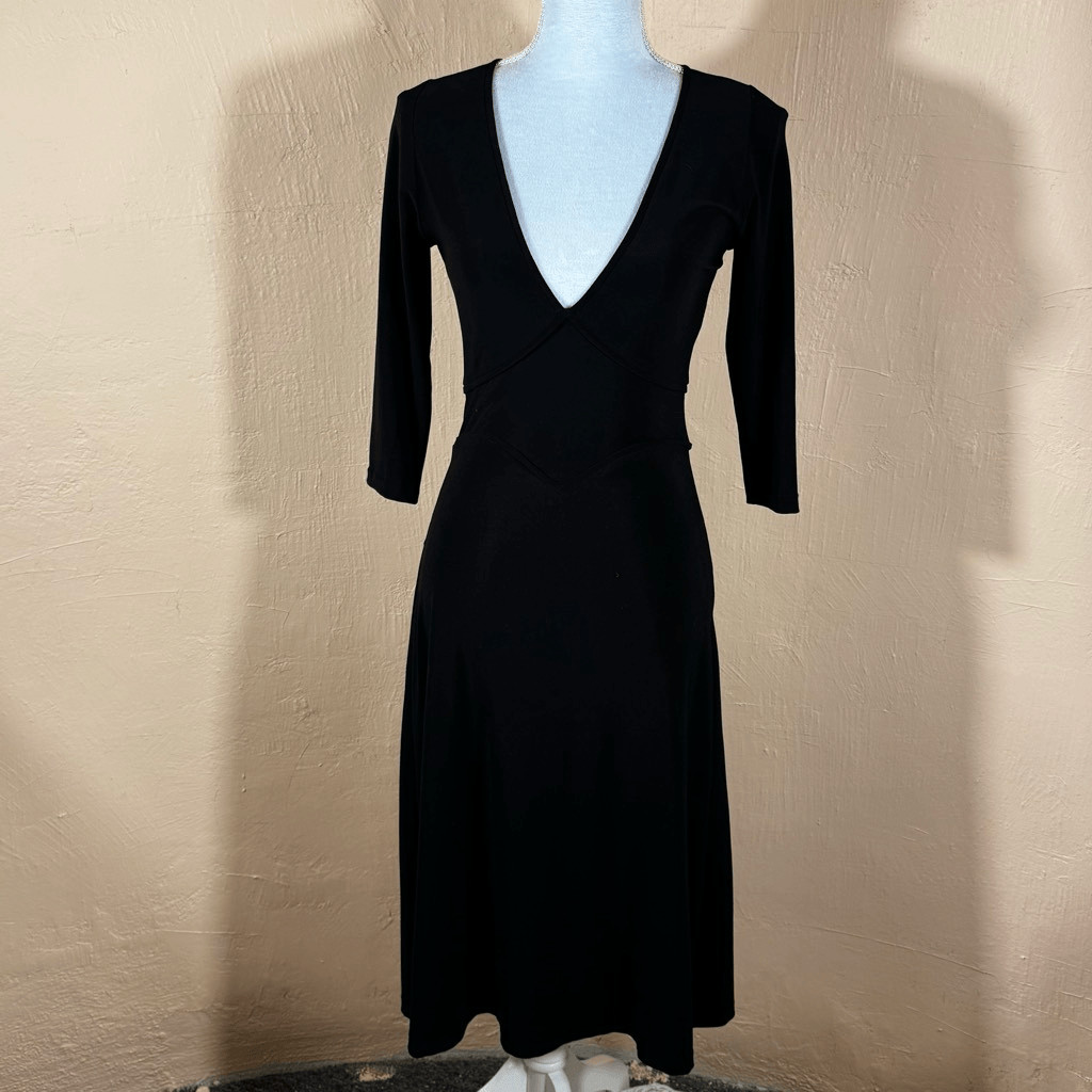 Leona Edmiston Frocks Black V-Neck Midi Dress | Structured Bodice | Wide Waistba