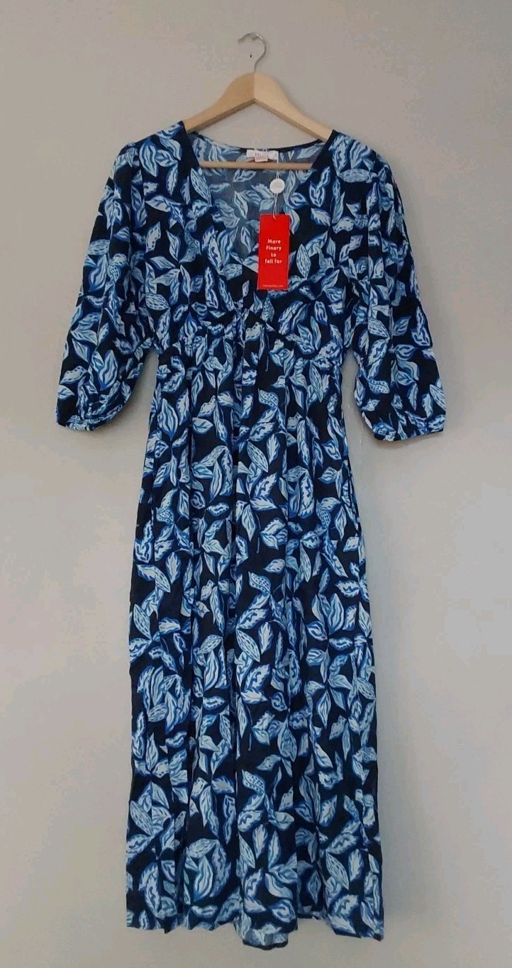 Finery serena midi dress in blue 58% Linen Side Pockets Size 10 Length 49″ QVC