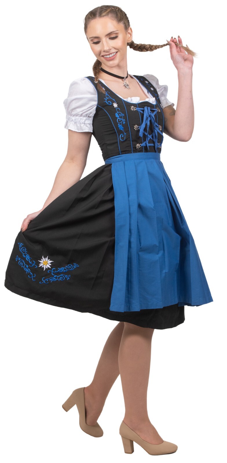 German Dirndl Long Blue Black Dress Oktoberfest 2XL 24 Waitress Party EMBROIDERY