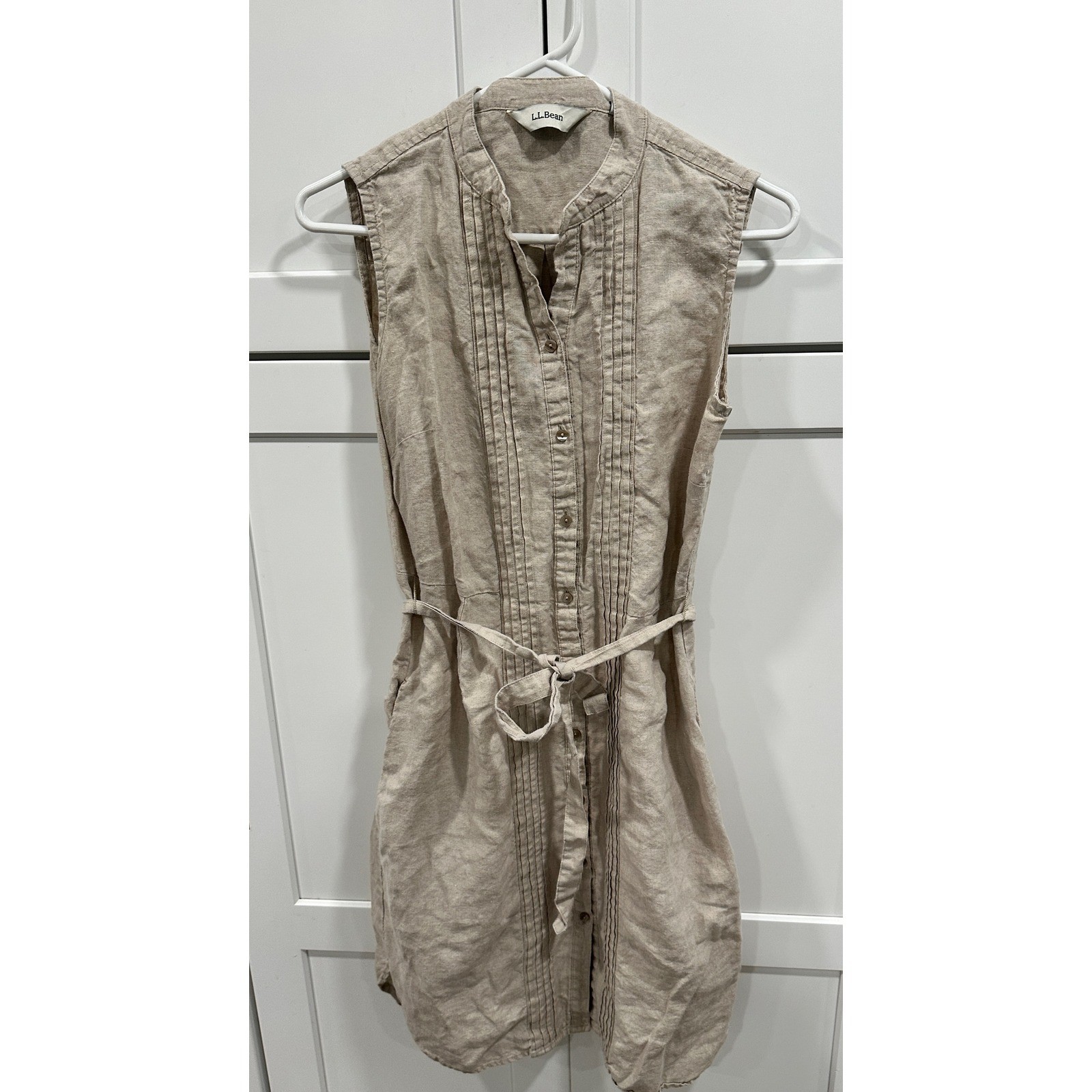LL Bean Womens Linen Sleeveless Pintuck Button Front Belted Dress Beige 8