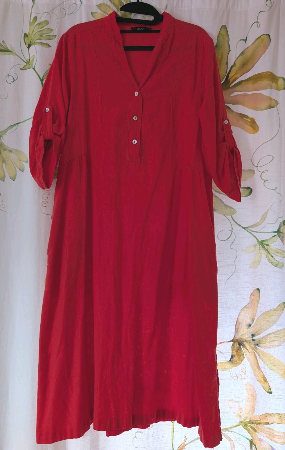 Francesca Bettini Red Linen Cotton Maxi Dress S 3/4 Sleeve Classic pockets Italy