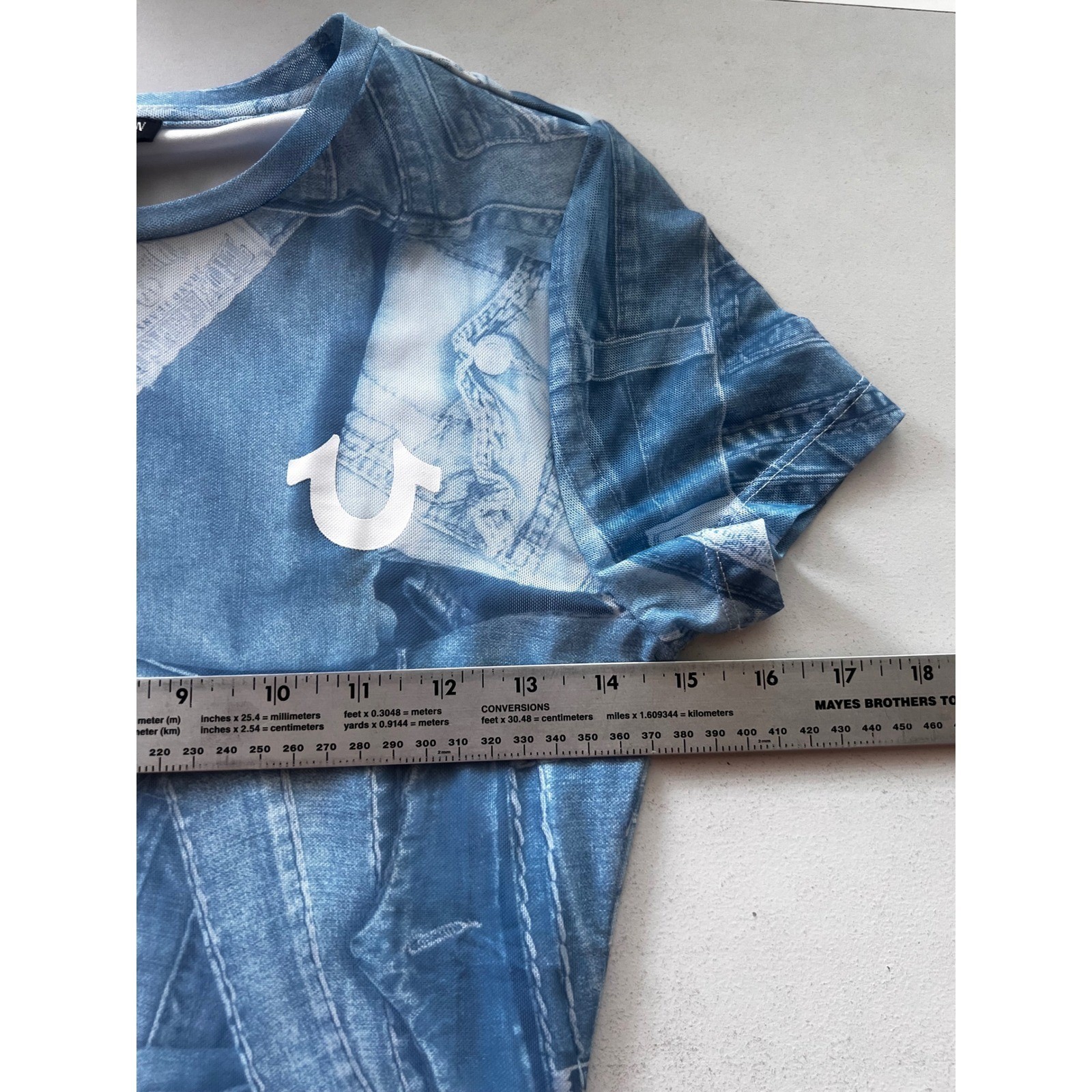 True Religion Denim Print Mesh Lined Midi Dress Blue AOP Bodycon S NEW 90s Y2K