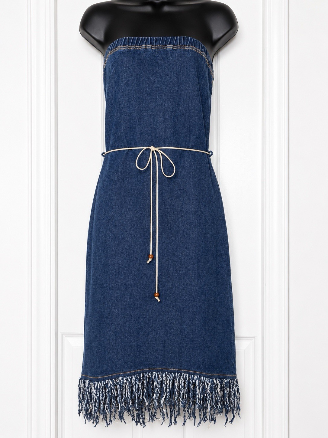 Vintage 90s Denim Western Strapless Fringe Hi Low Jean Dress Size S