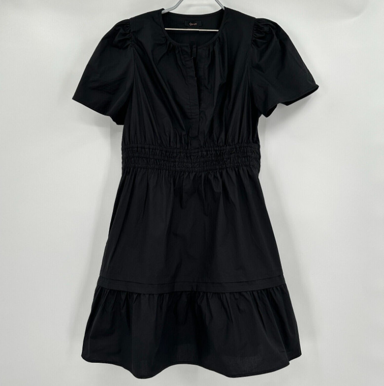 Quince Black Organic Cotton Tiered Mini Dress sz S Small Women’s Pockets Poplin