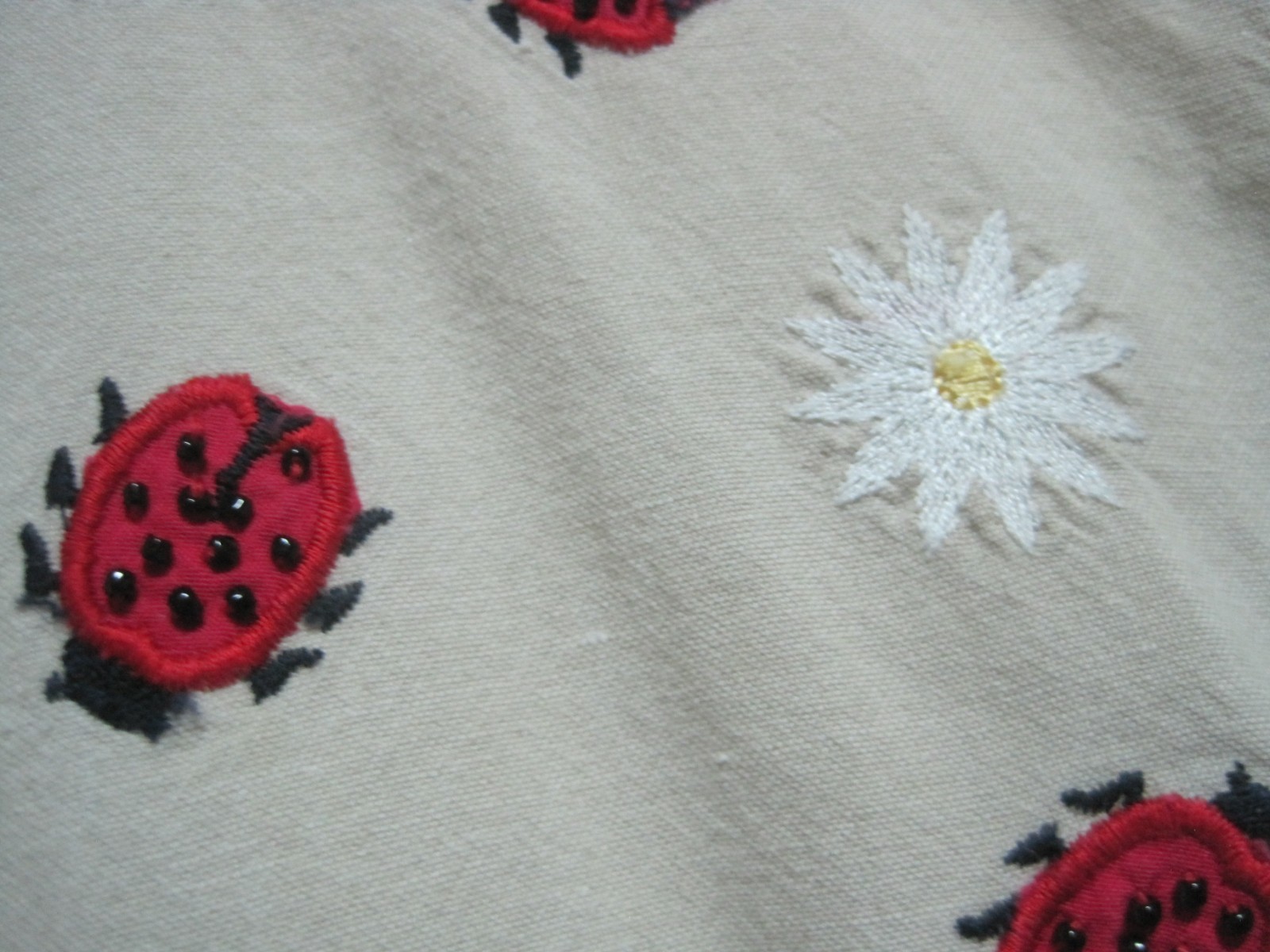 Vtg 1990s Cabernet Ladybug&Daisy Embroidered Cotton Dress ButtonFront Beige SZ M