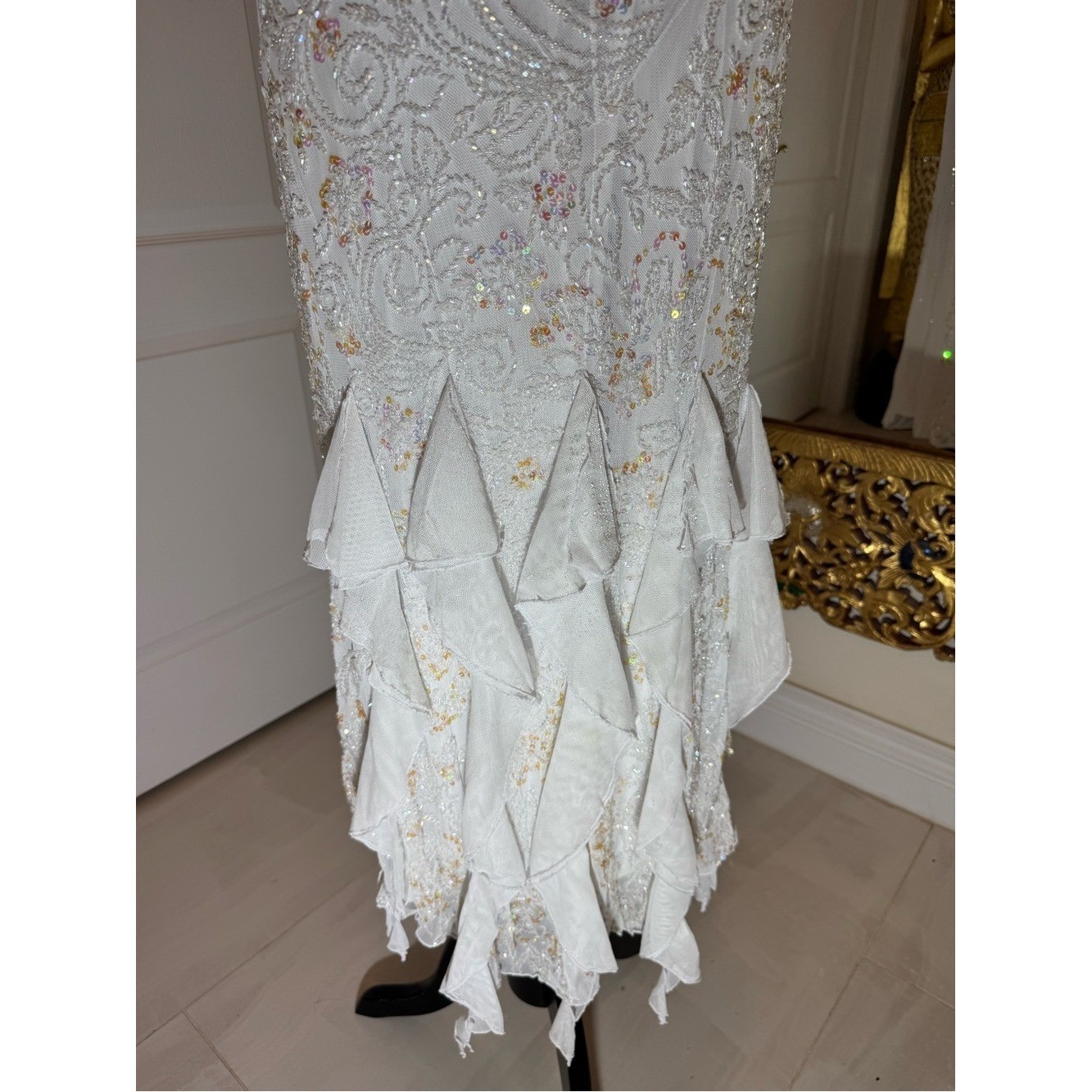 White hand Beaded Ruffle Backless Evening Dress. Power mesh stretch fabric.