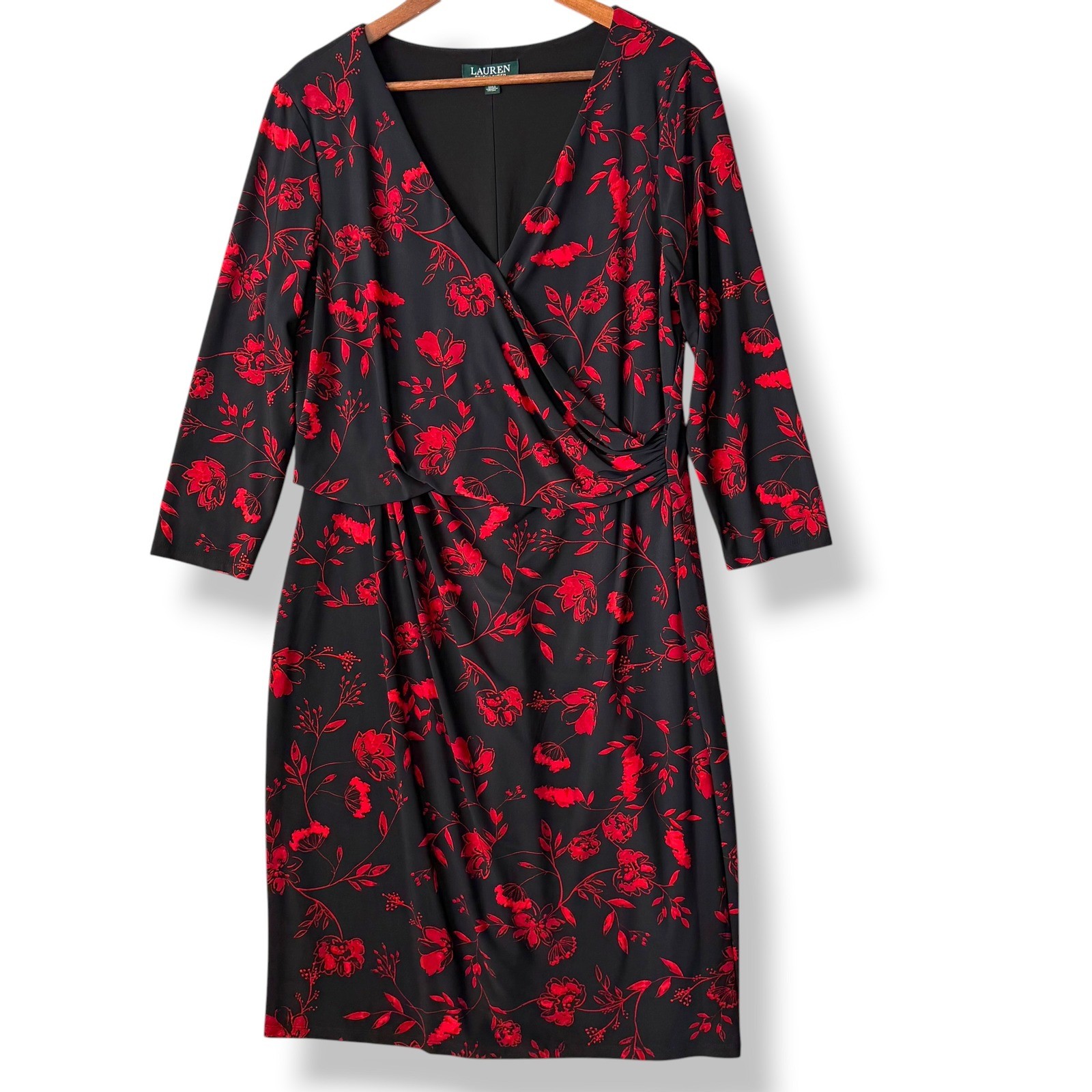 Lauren Ralph Lauren Faux Wrap Dress 16 Black Red Floral Ruched Stretch Cocktail