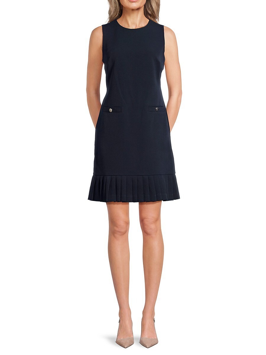 Tommy Hilfiger Shift Dress 6 Navy Pleated Mini Gold Button Jersey NWT $119