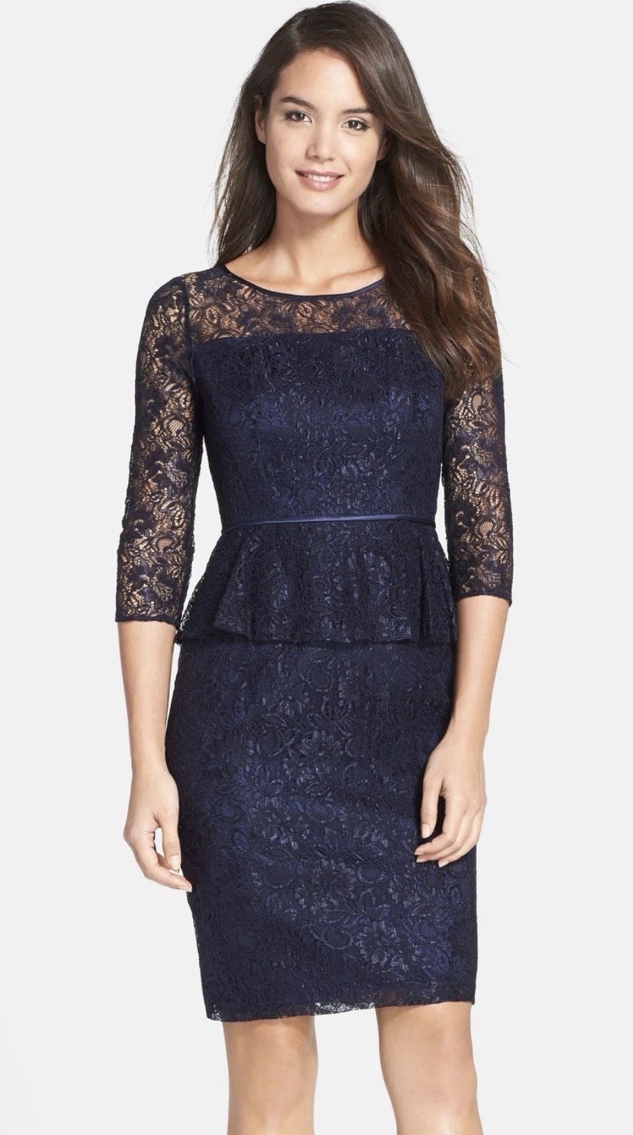Adrianna Papell Women’s Lace Peplum Sheath Dress 3/4 Sleeves Silk Trim Size 12