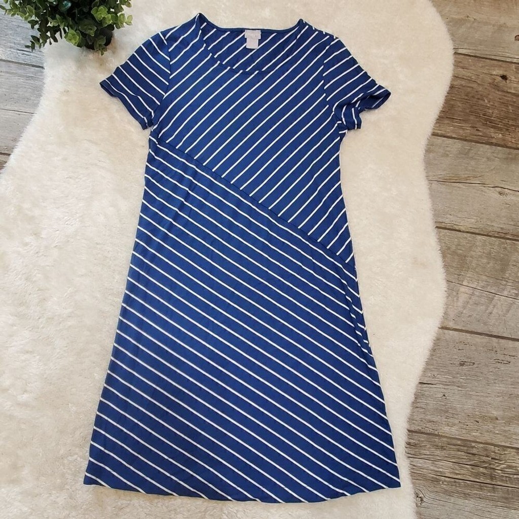 Chico’s Blue & White Spliced-Stripe A-Line Dress, Chico’s Size 0 – US Small 4/6