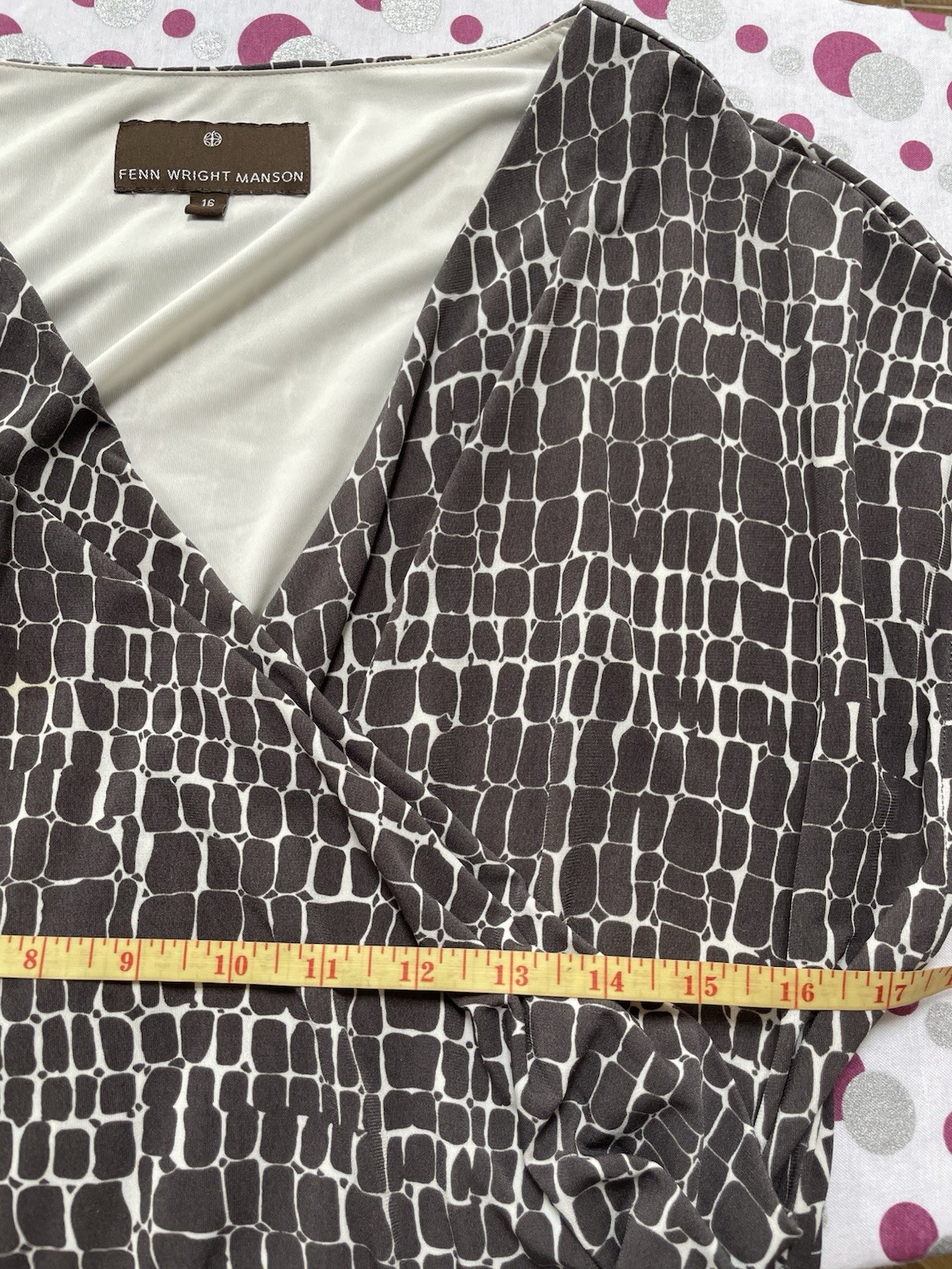 Fenn Wright Manson White & Brown Print Belted Dress Size 16 See Pictures