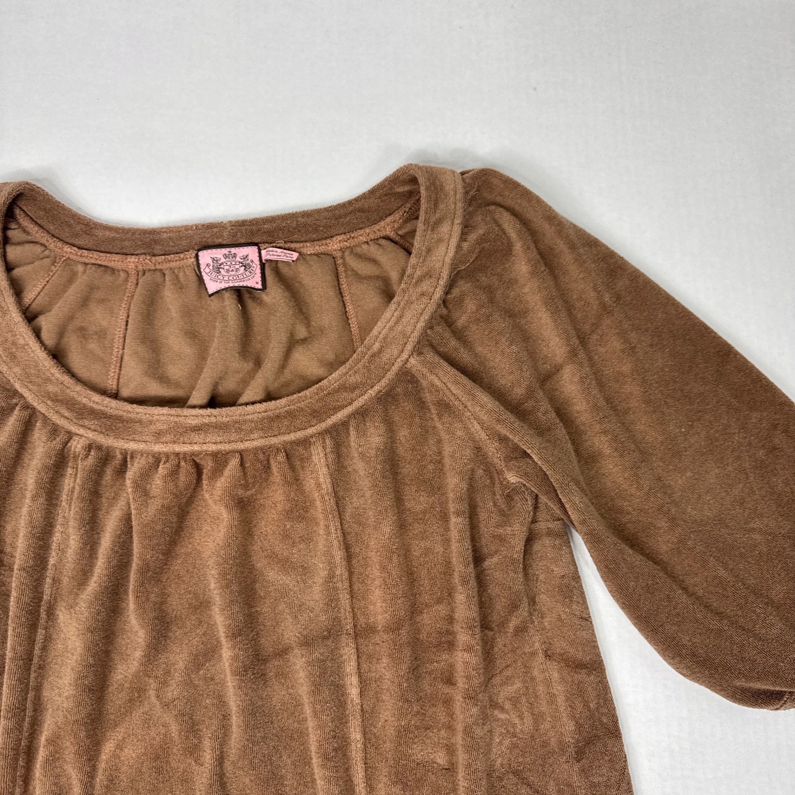 Juicy Couture Velour Mini Dress Brown Puff Sleeve Lace Pocket Y2K Women’s M