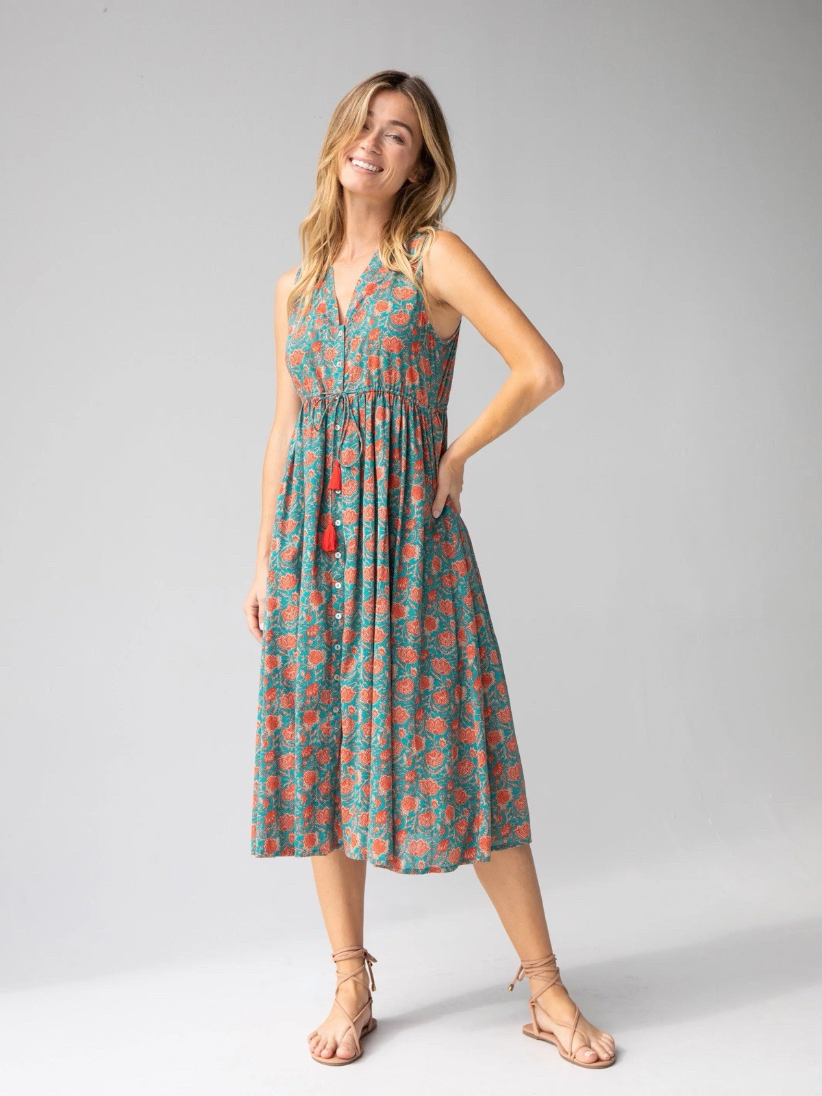 Natural Life Amelia Sleeveless Shirt Dress Teal Coral Floral Cotton Large Midi