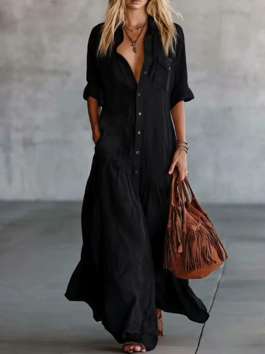 Women Boho Button Down Maxi Dress Loose Flowy Long Shirt Dress Pockets Tunic