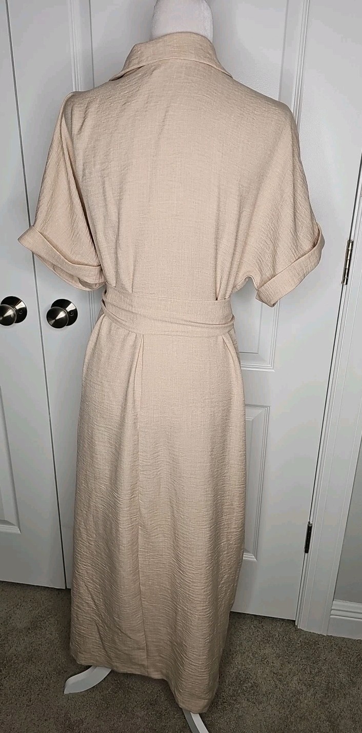 NWT DKNY Donna Karan Cotton Collared Button Belt Midi Shirt Dress Sz 14 Beige