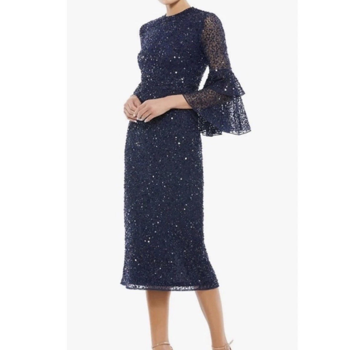 MAC DUGGAL 10802 SEQUINED RUFFLED TIERED 3/4 BELL SLEEVE MIDI NAVY DRESS 10