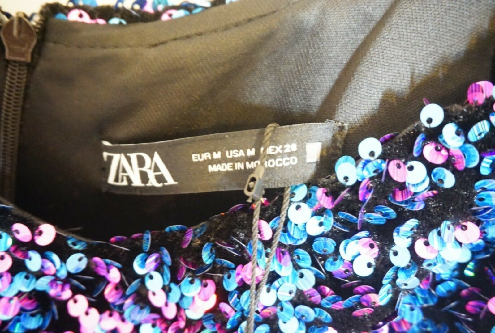 Zara Sequin Mini Dress V neck Elastic Cuffs A-line Skirt Black Blue M BNWT