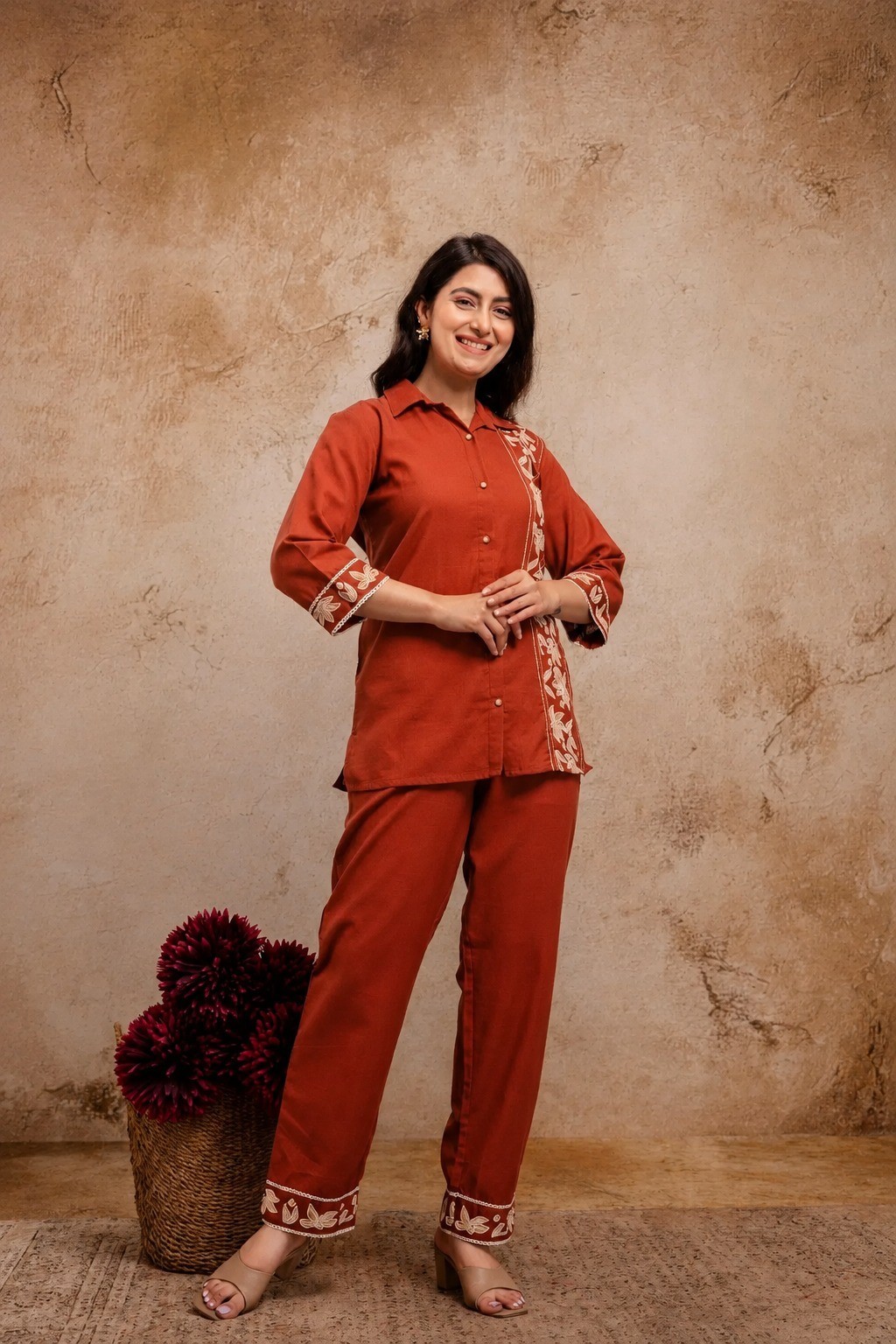Women Rust Cotton Flex Co-Ord Set Embroidered Top Pant Set Casual ,Travel Wear